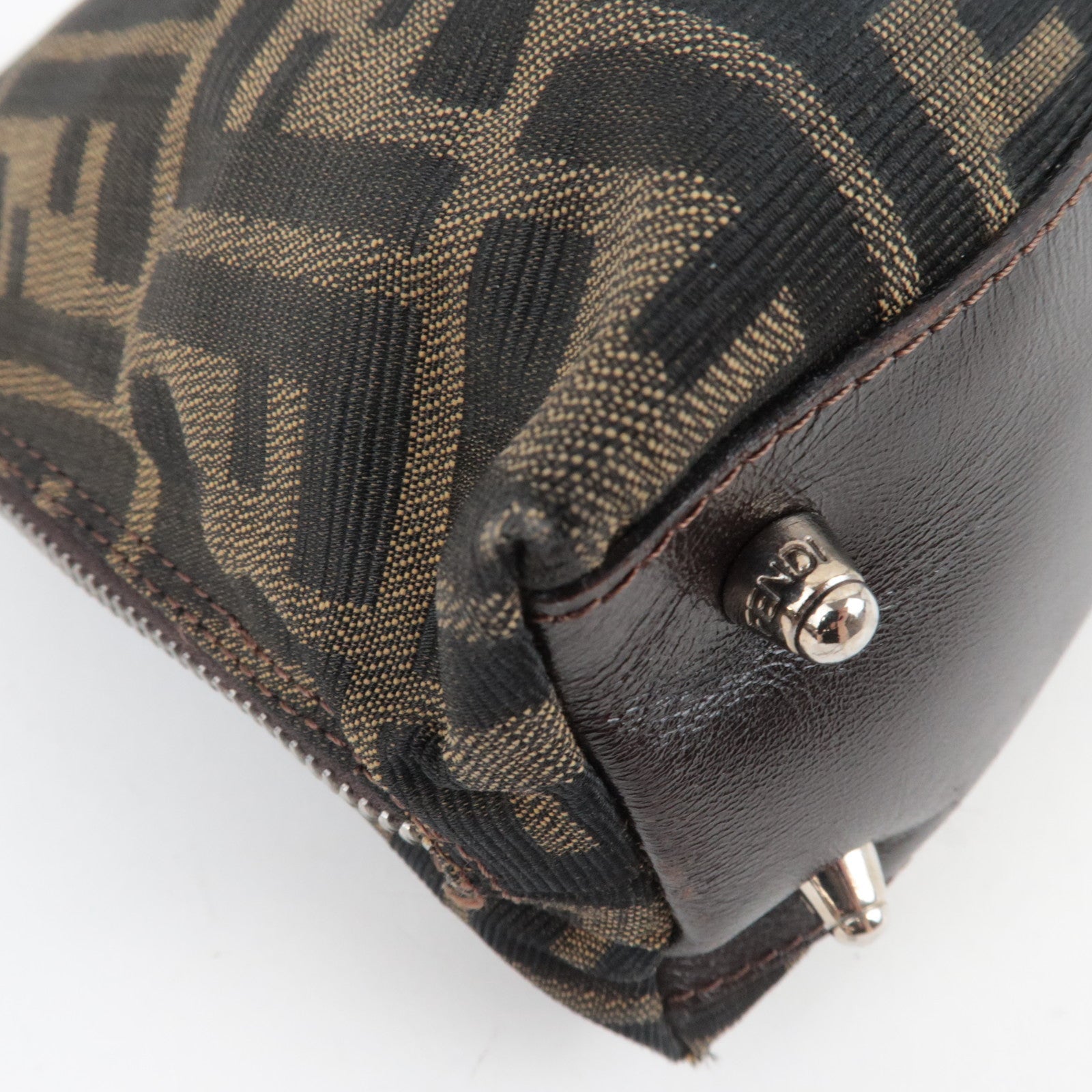 FENDI Zucca Handbag Canvas Leather Khaki Black Brown