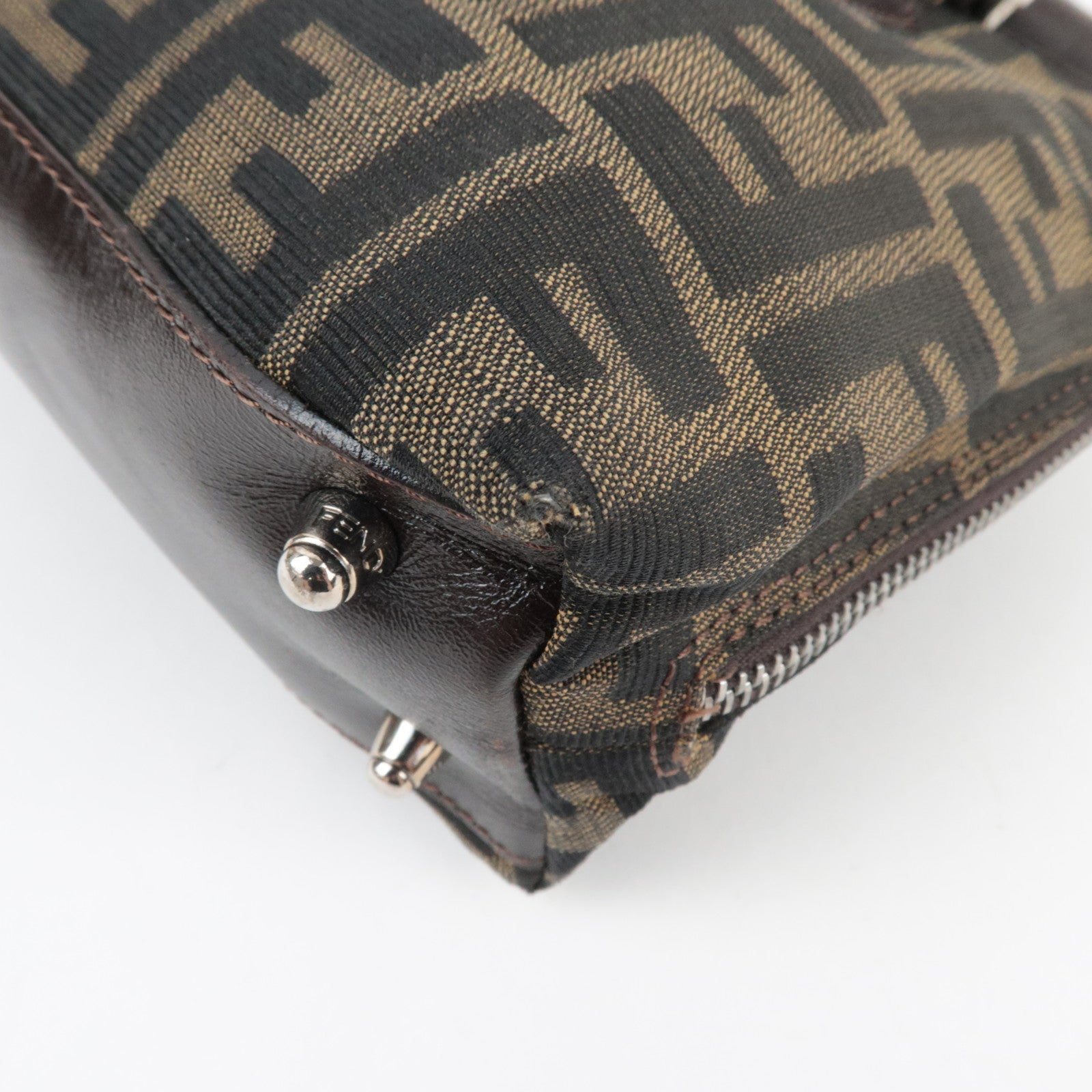 FENDI Zucca Handbag Canvas Leather Khaki Black Brown