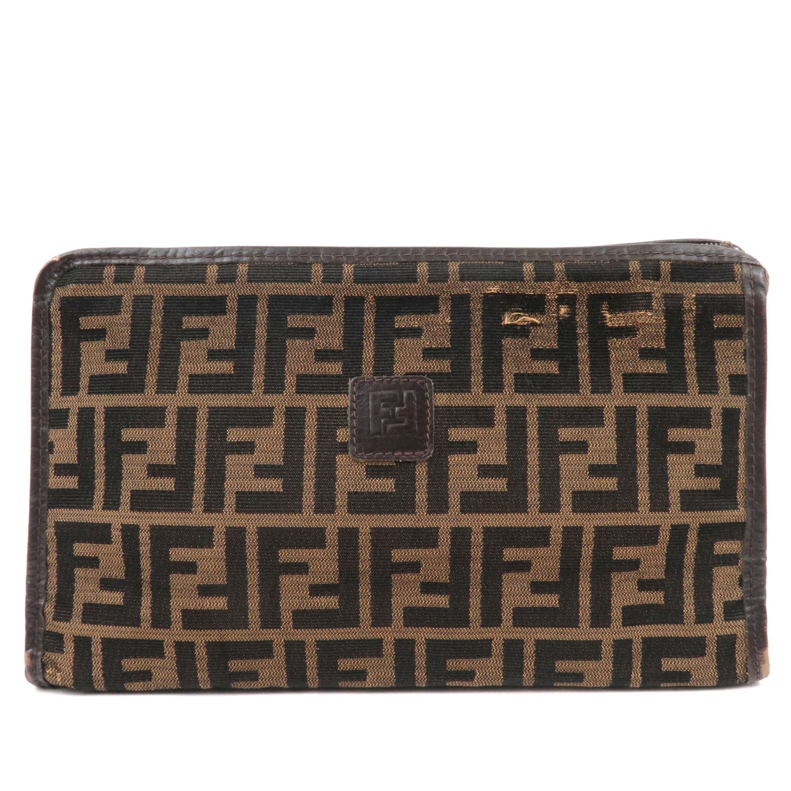 FENDI Zucca Clutch Bag Canvas Leather Brown Black80759