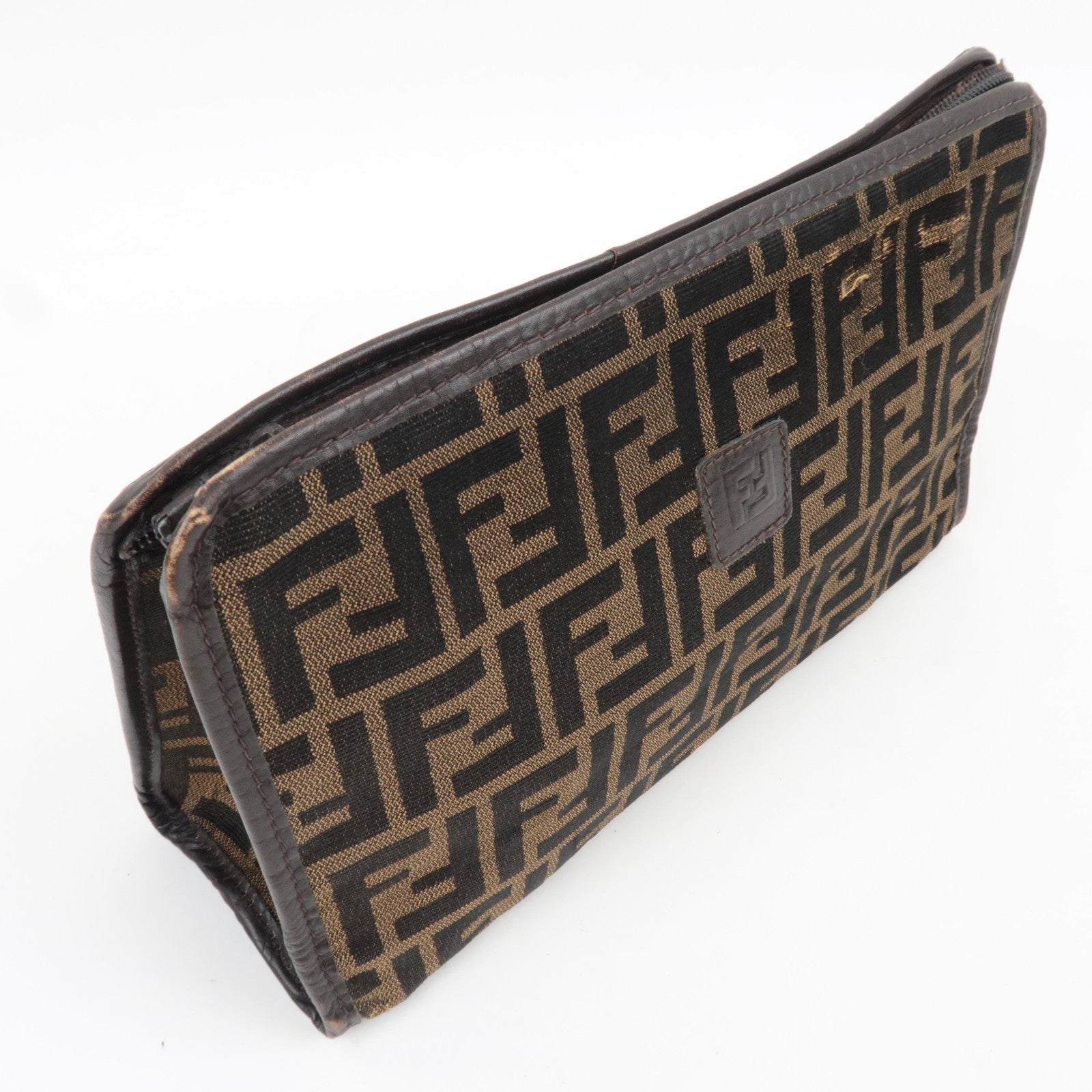 FENDI Zucca Clutch Bag Canvas Leather Brown Black
