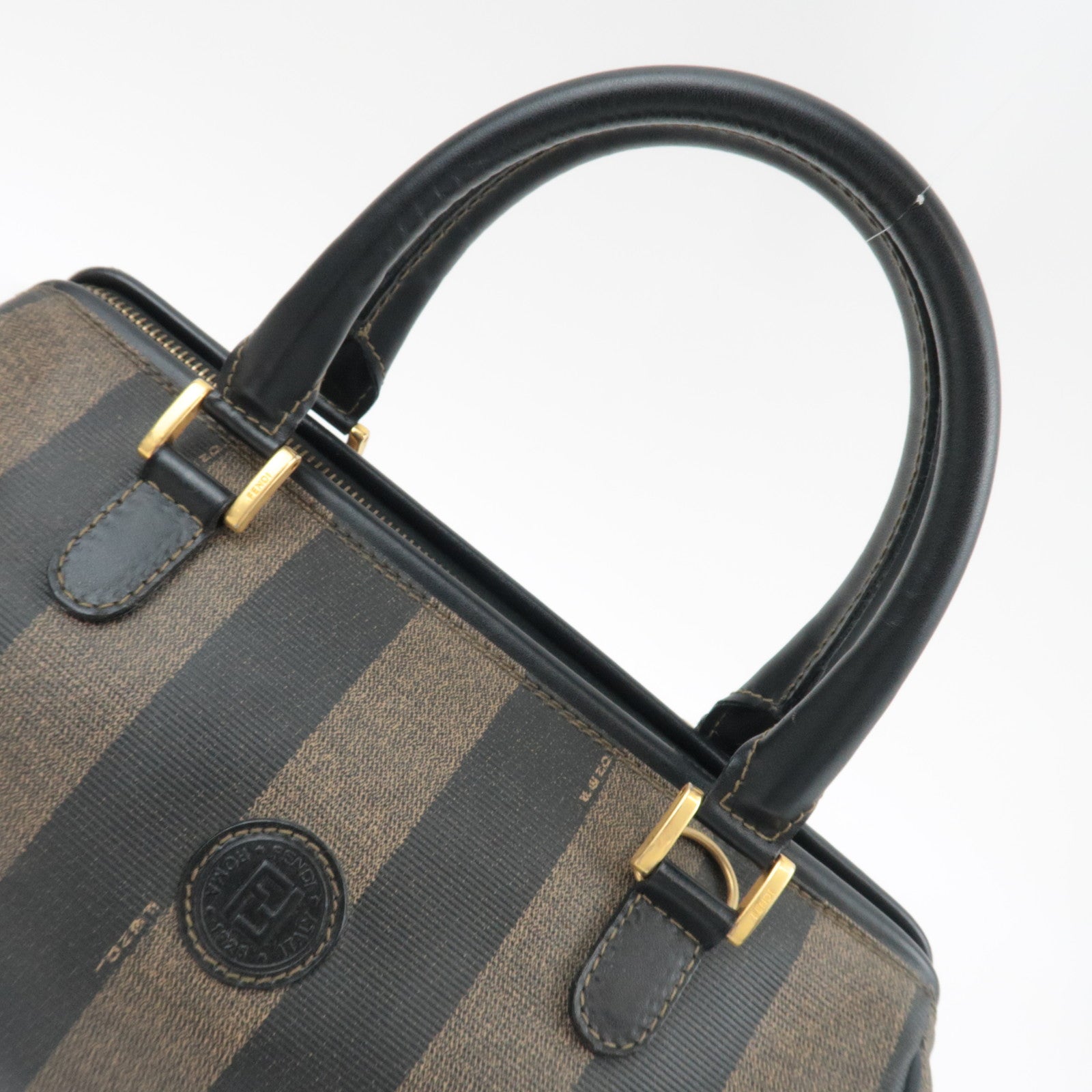 FENDI Pequin Boston Bag PVC Leather Black Khaki 25902