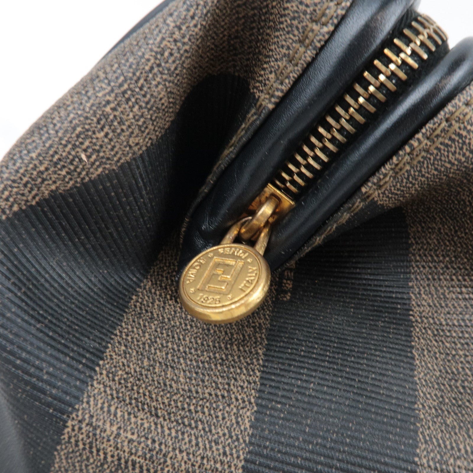 FENDI Pequin Boston Bag PVC Leather Black Khaki 25902