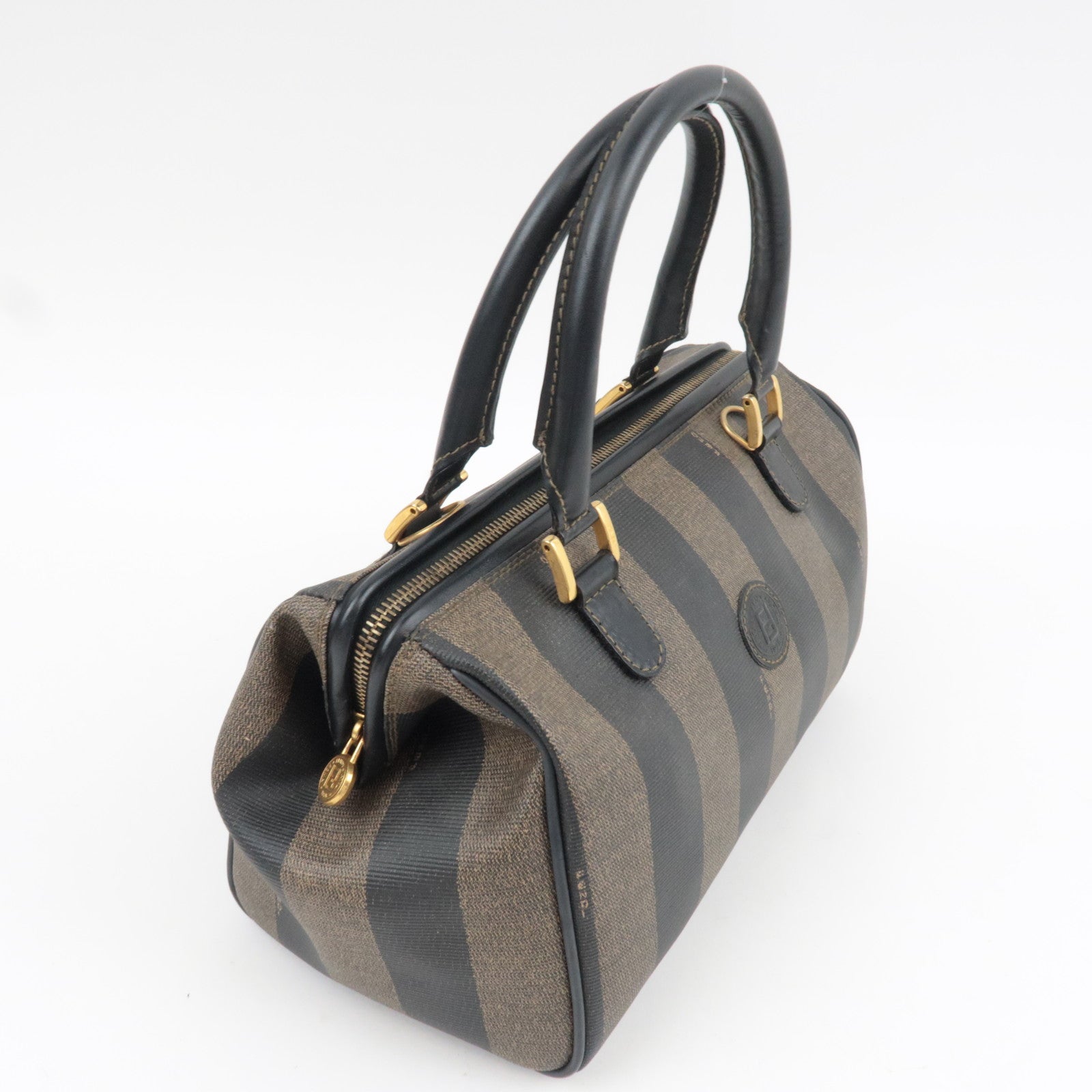 FENDI Pequin Boston Bag PVC Leather Black Khaki 25902