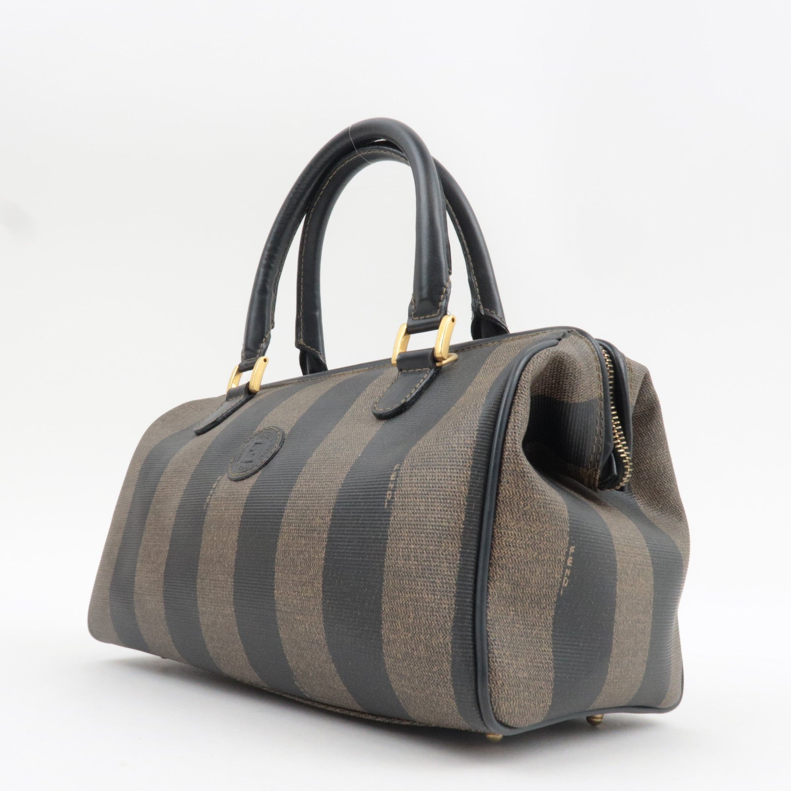 FENDI Pequin Boston Bag PVC Leather Black Khaki 25902