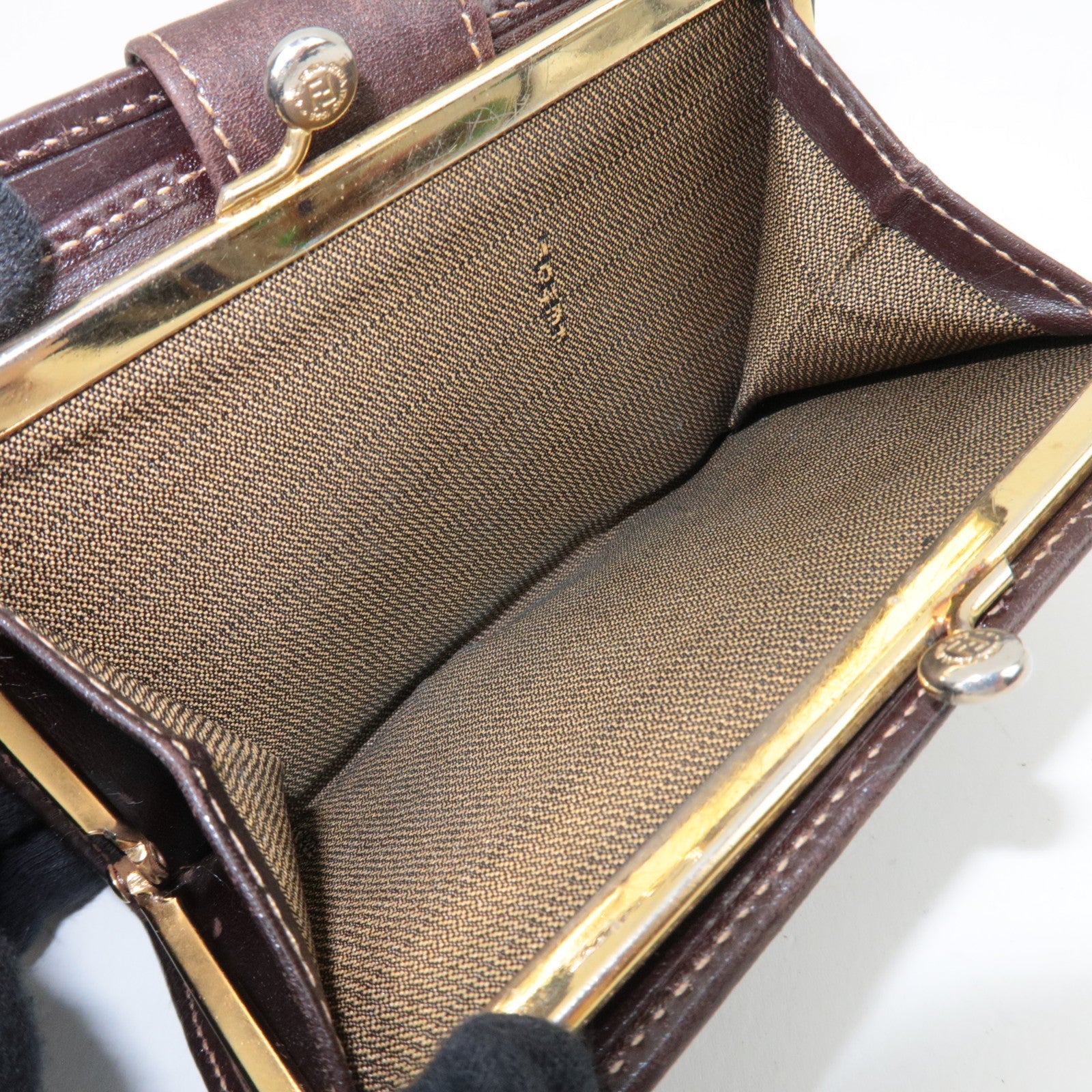 FENDI Zucca Kiss Lock Bifold Wallet Canvas Leather Brown Black 30207 *Box