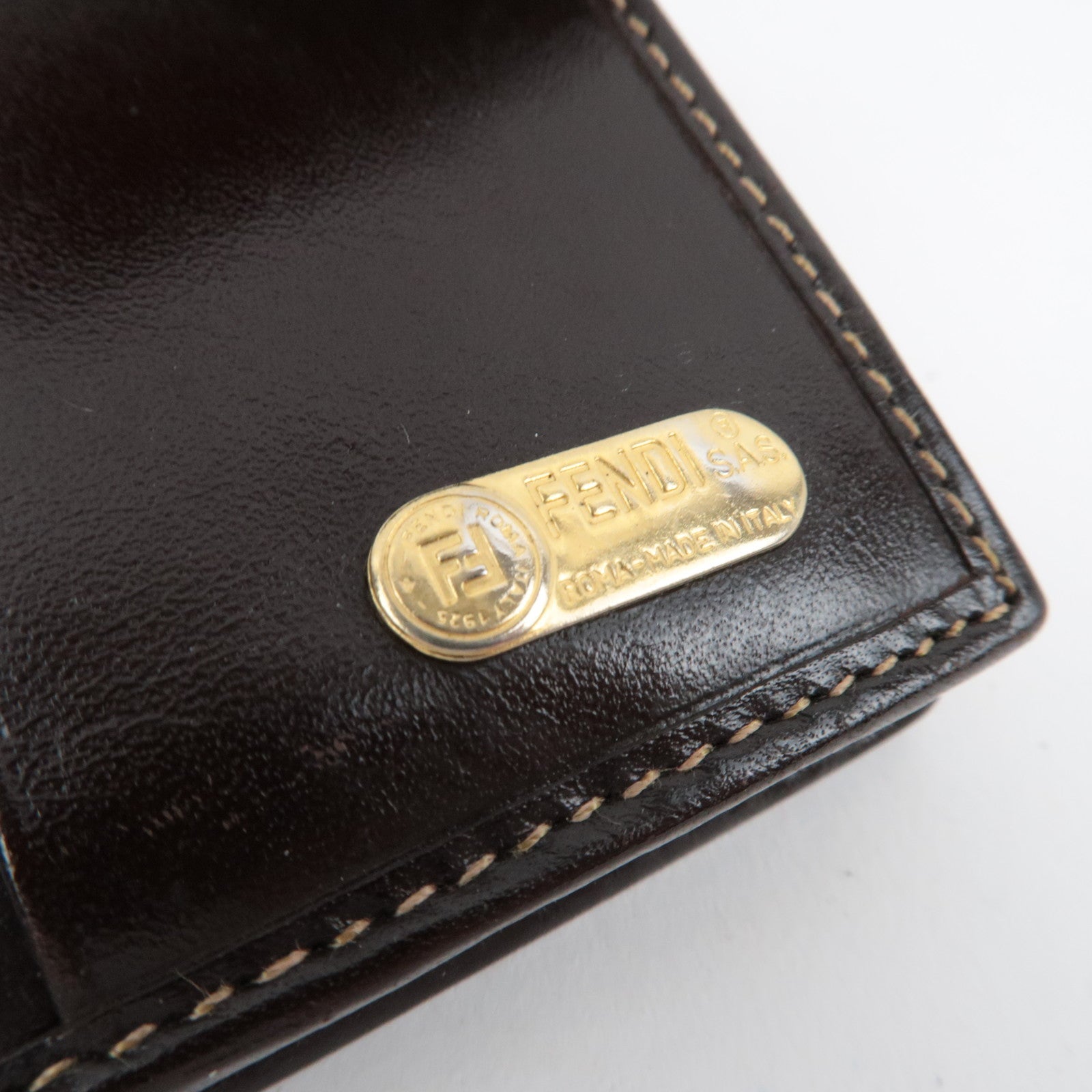 FENDI Zucca Kiss Lock Bifold Wallet Canvas Leather Brown Black 30207 *Box