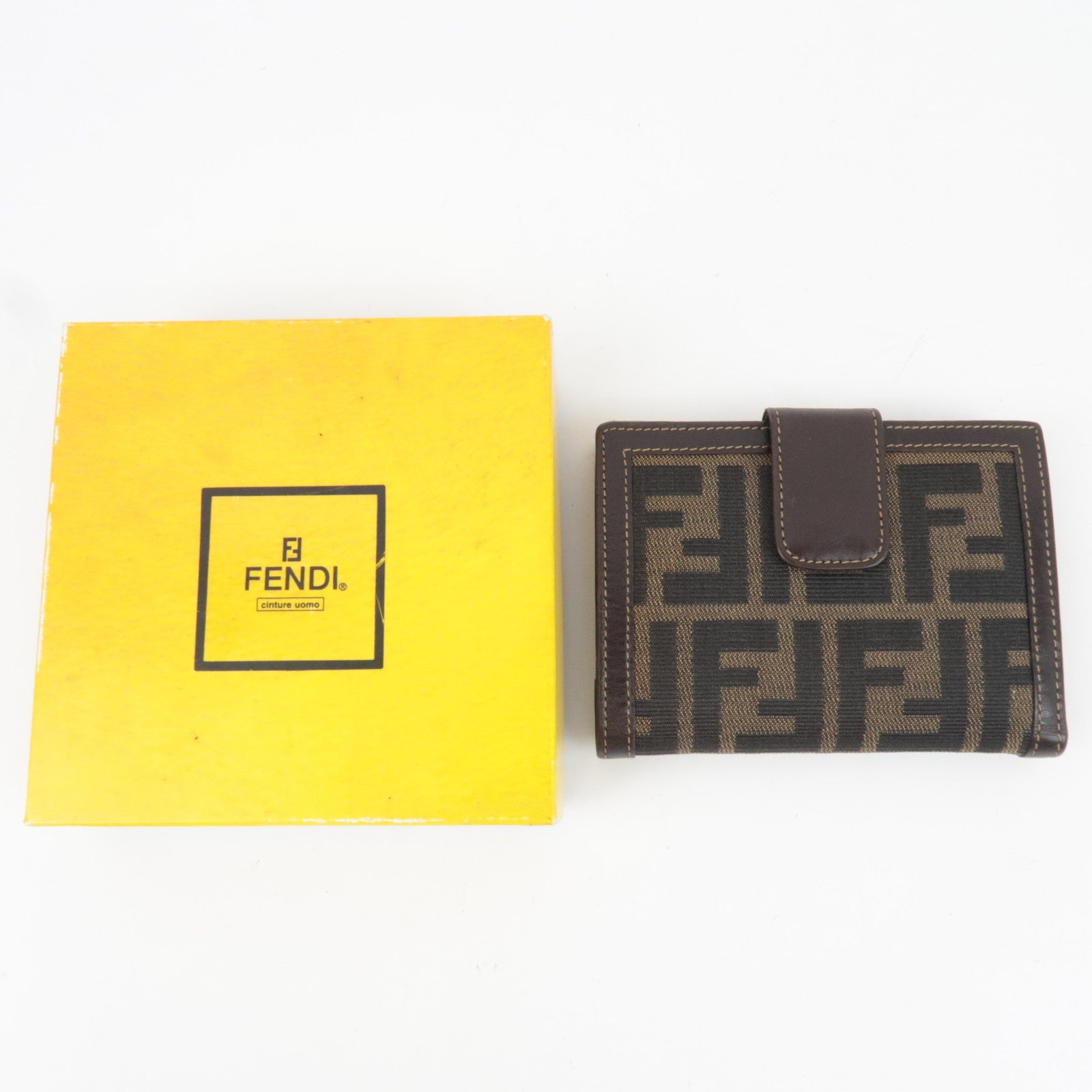 FENDI Zucca Kiss Lock Bifold Wallet Canvas Leather Brown Black 30207 *Box