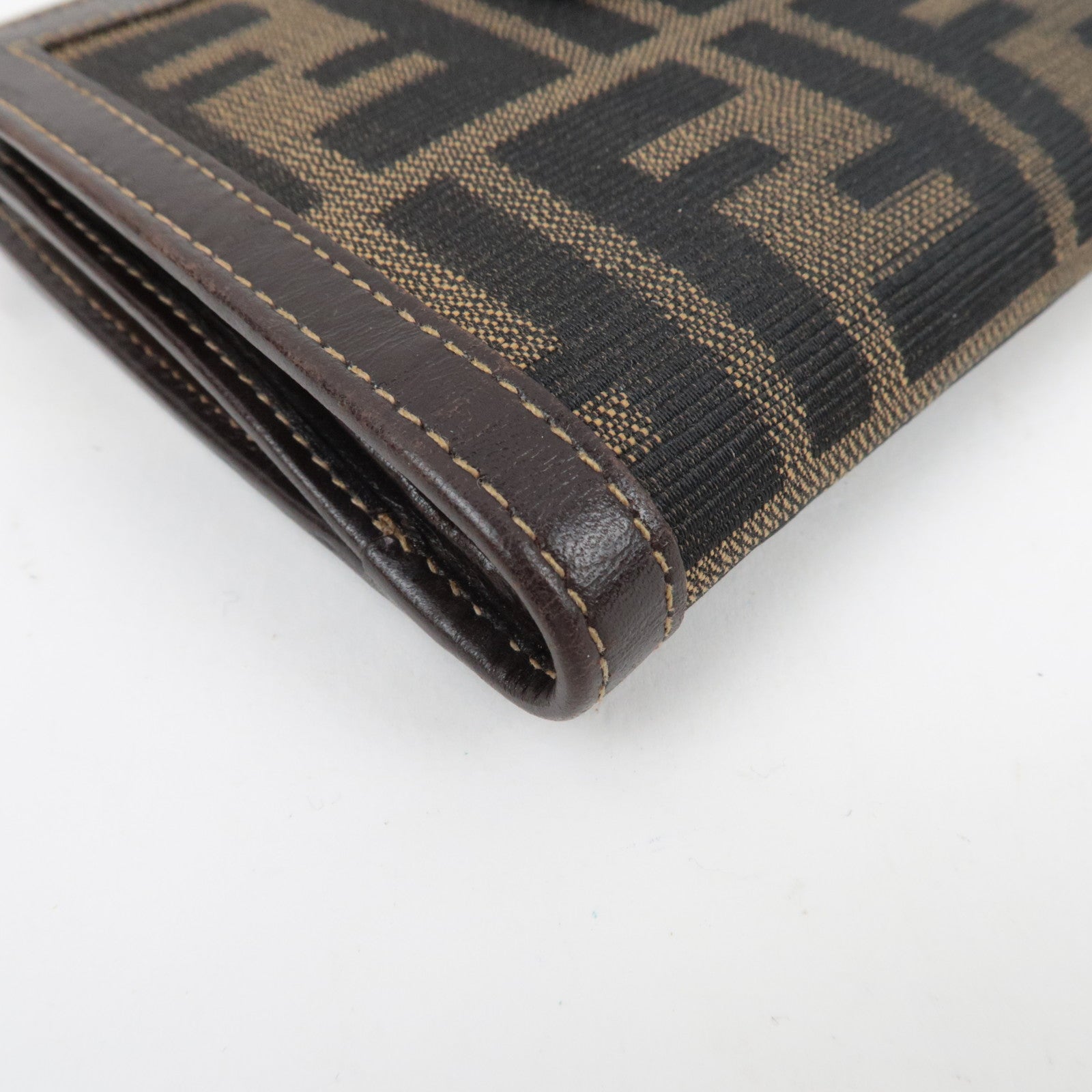 FENDI Zucca Kiss Lock Bifold Wallet Canvas Leather Brown Black 30207 *Box