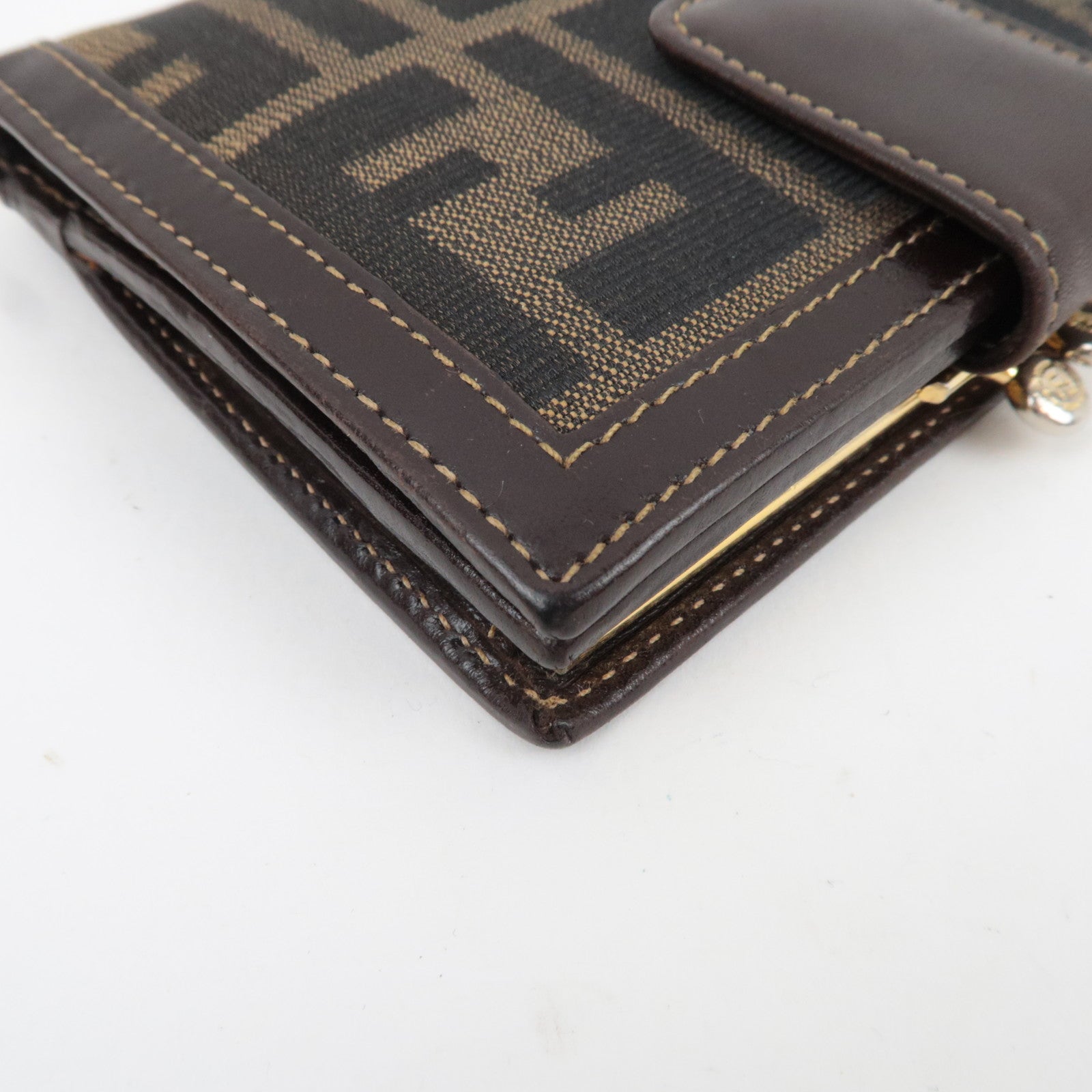 FENDI Zucca Kiss Lock Bifold Wallet Canvas Leather Brown Black 30207 *Box