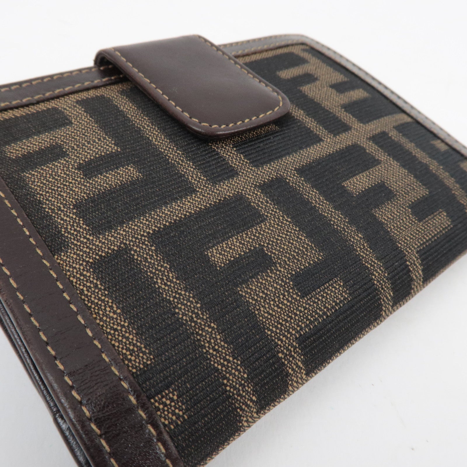 FENDI Zucca Kiss Lock Bifold Wallet Canvas Leather Brown Black 30207 *Box