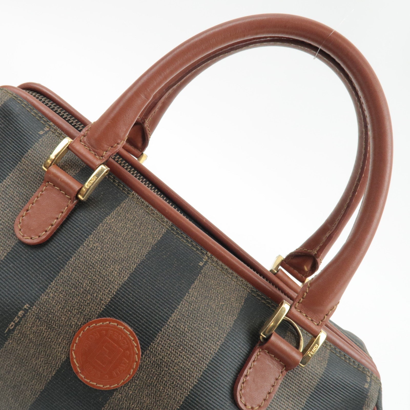 FENDI Pequin Boston Bag PVC Leather Khaki Black Brown