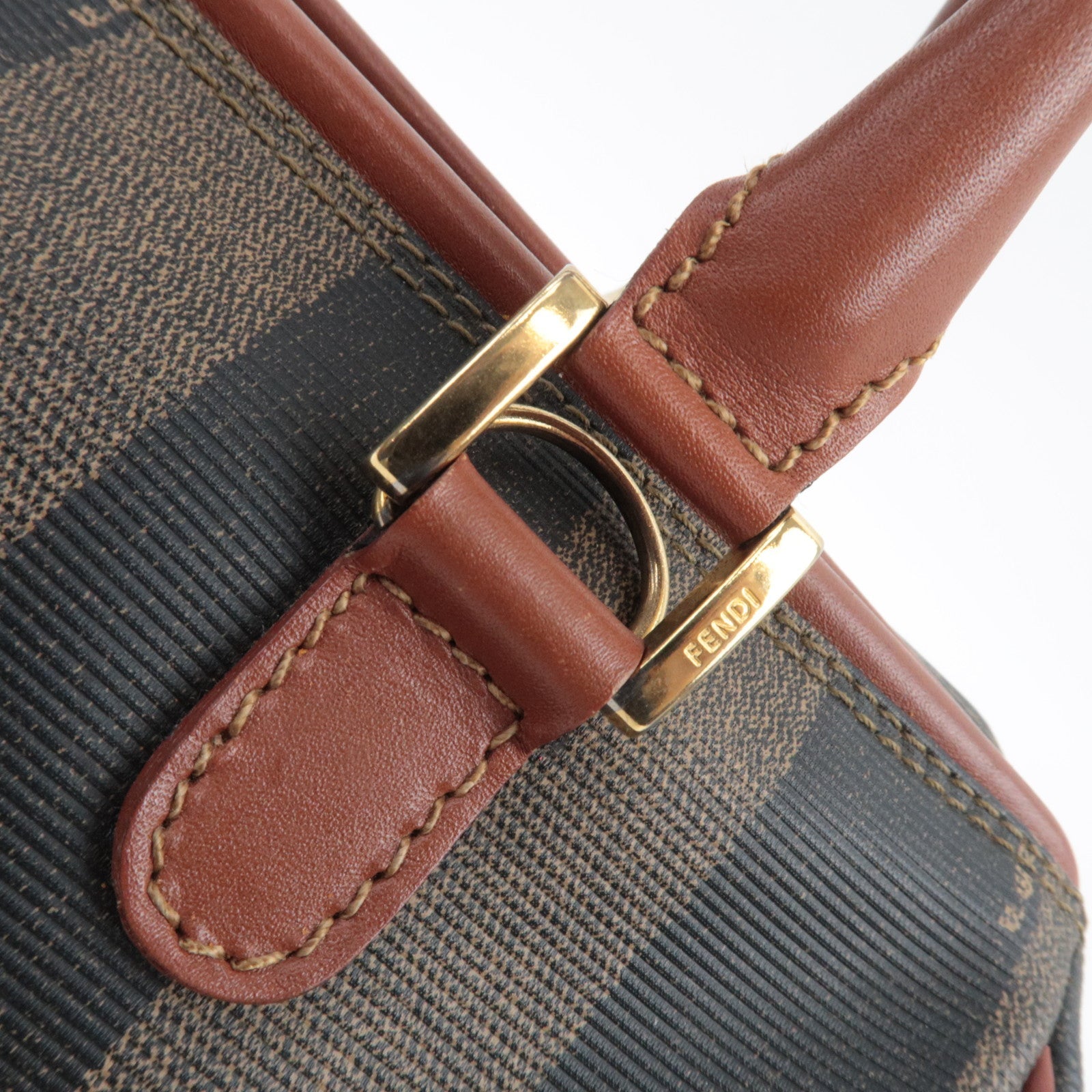 FENDI Pequin Boston Bag PVC Leather Khaki Black Brown