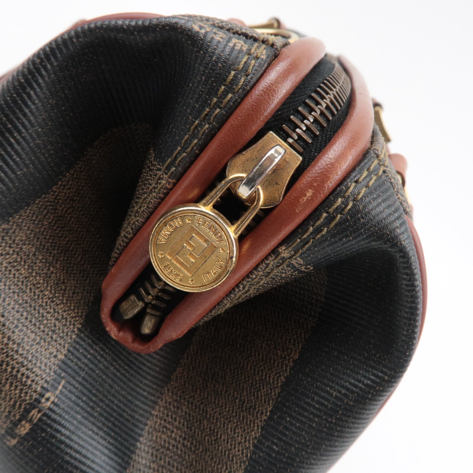 FENDI Pequin Boston Bag PVC Leather Khaki Black Brown