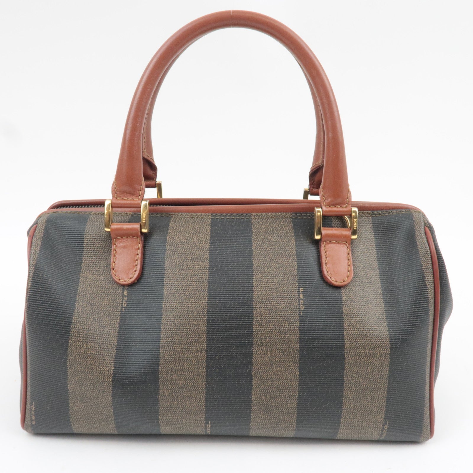 FENDI Pequin Boston Bag PVC Leather Khaki Black Brown