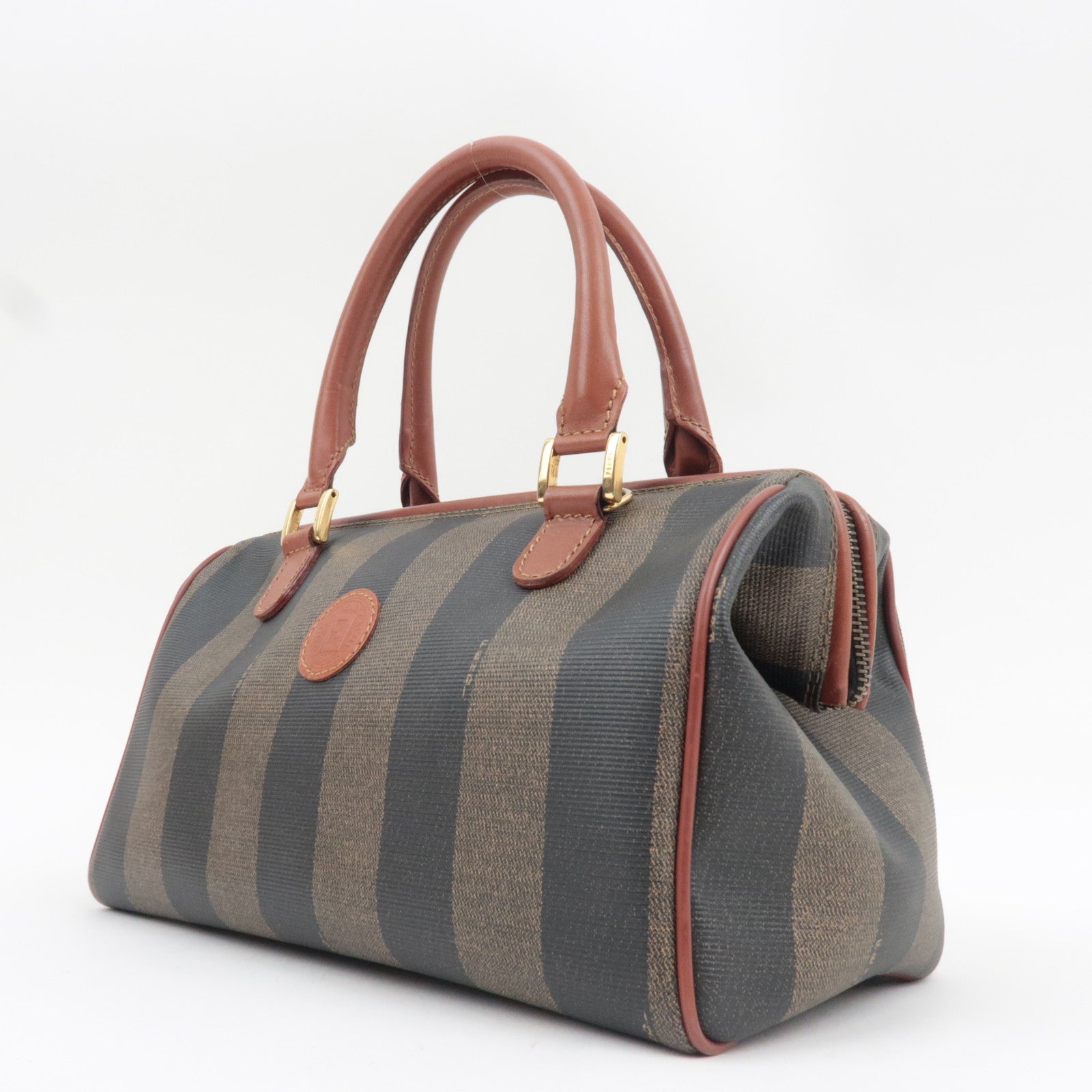 FENDI Pequin Boston Bag PVC Leather Khaki Black Brown