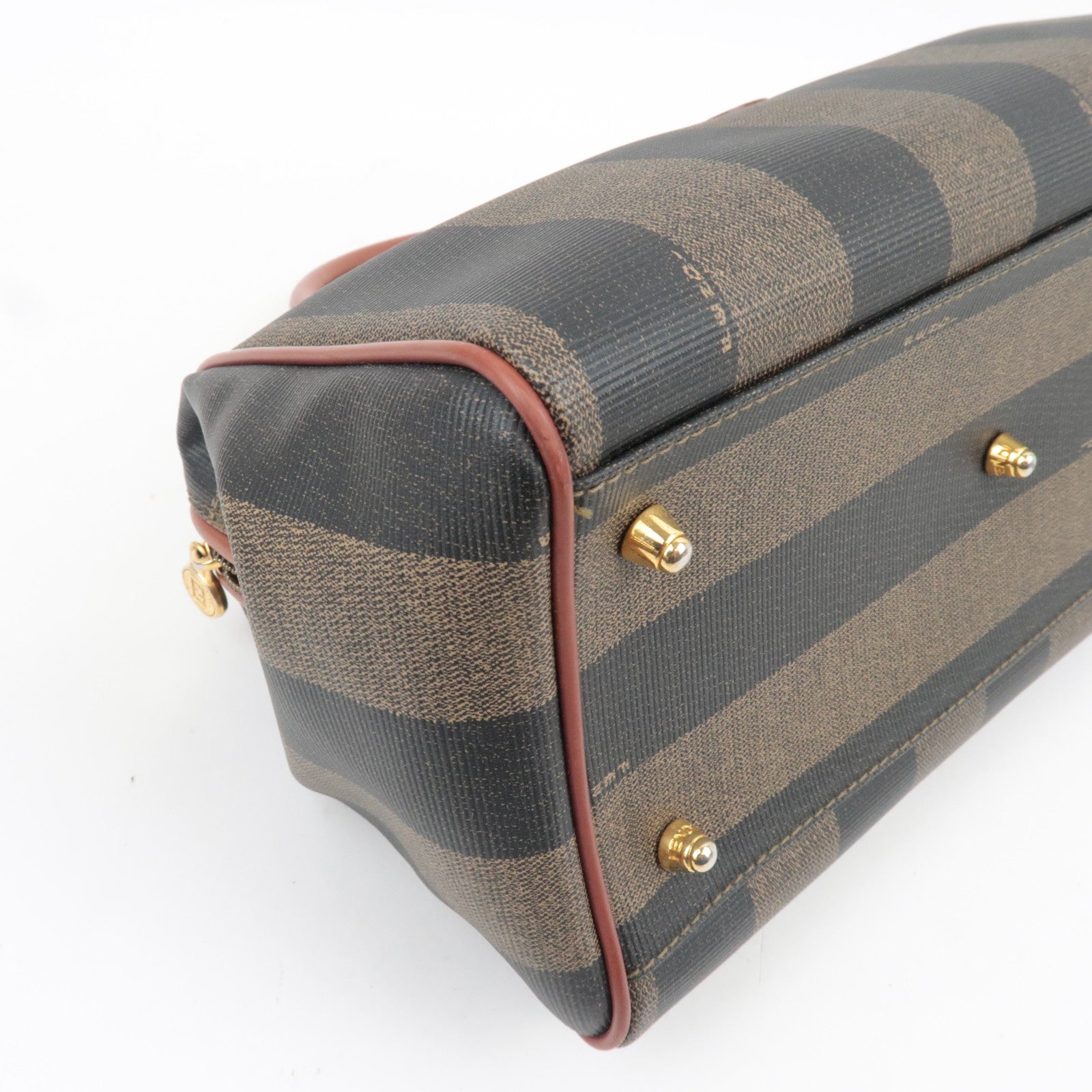 FENDI Pequin Boston Bag PVC Leather Khaki Black Brown