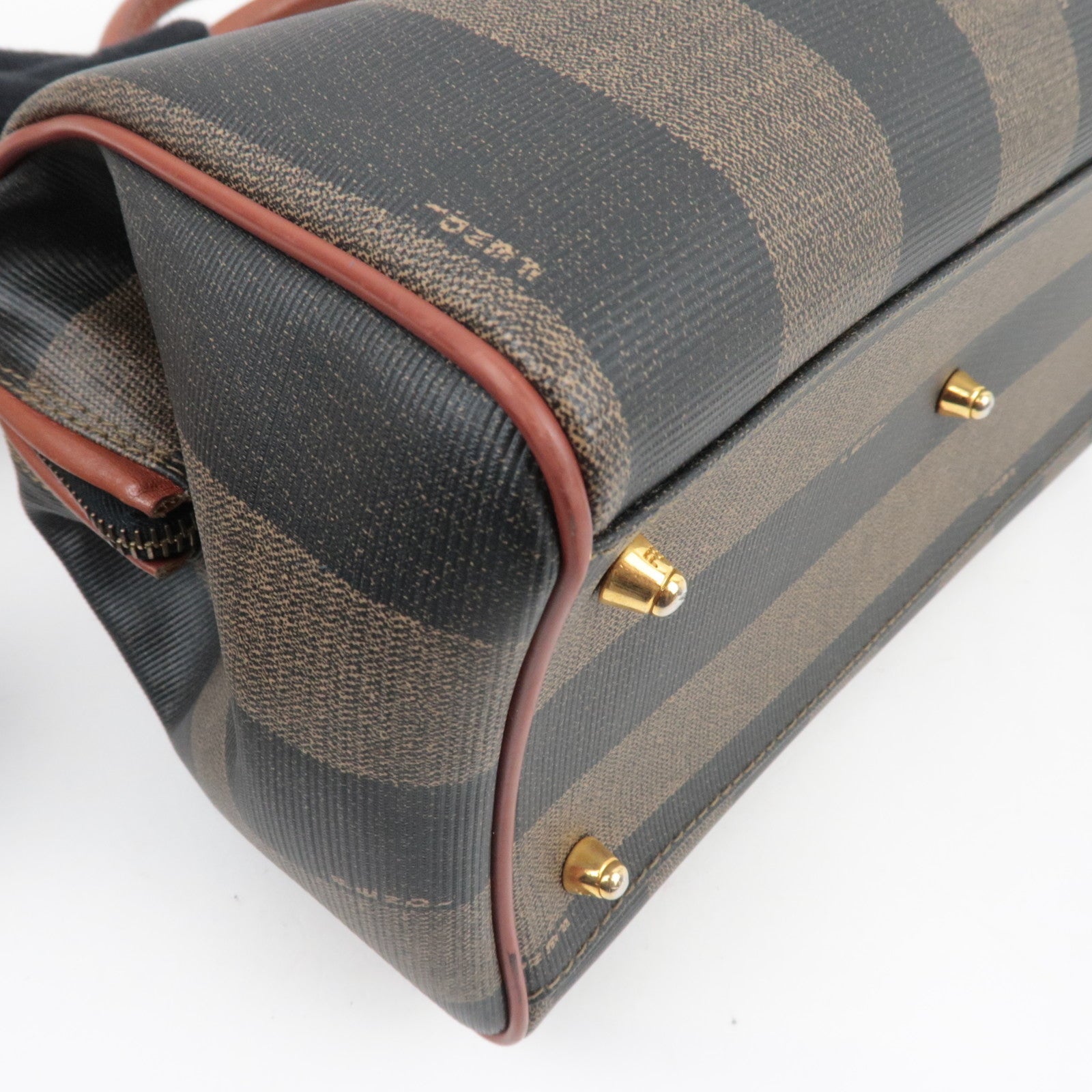 FENDI Pequin Boston Bag PVC Leather Khaki Black Brown