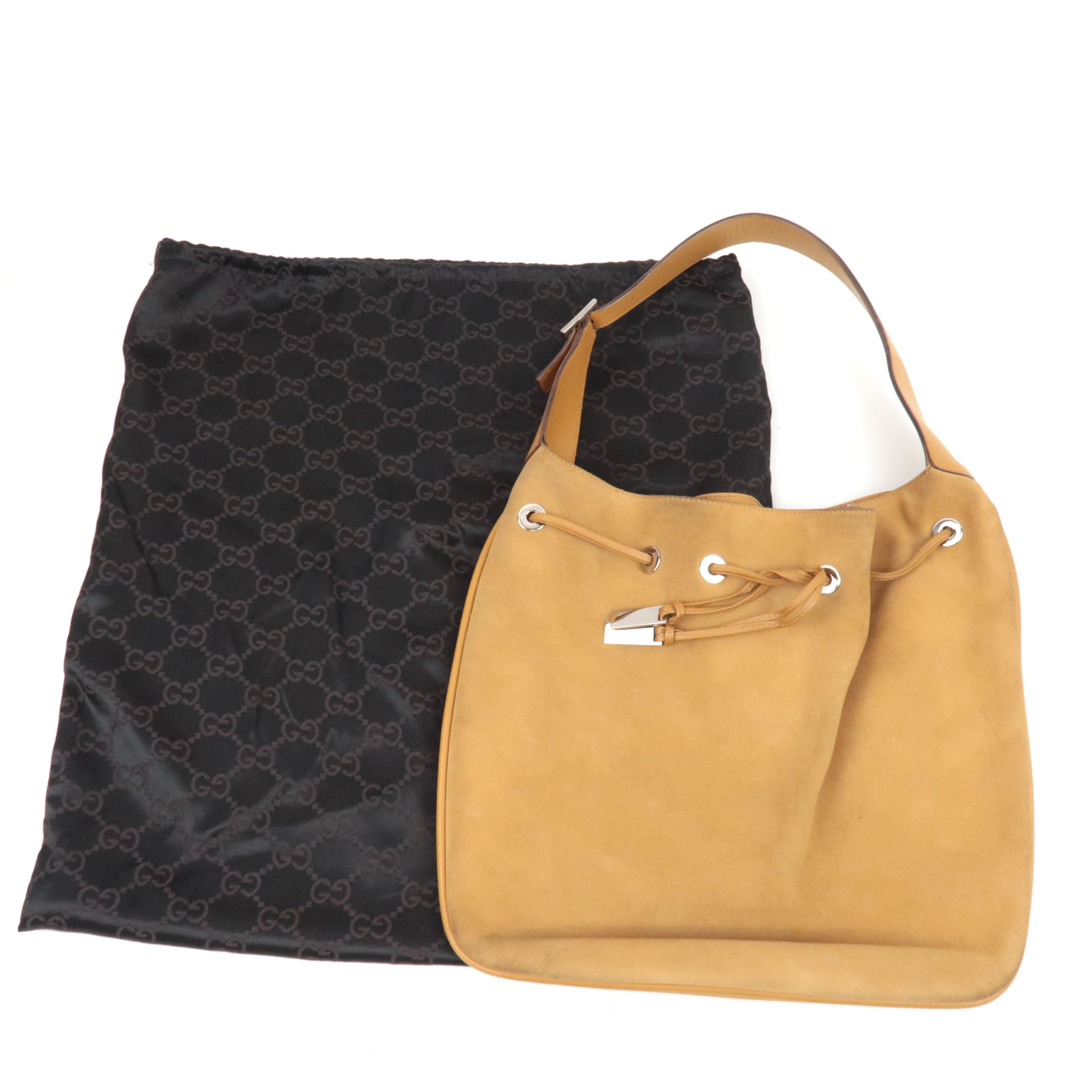GUCCI Drawstring One Shoulder Bag Suede Leather Light Brown 001.4030 *Dust bag