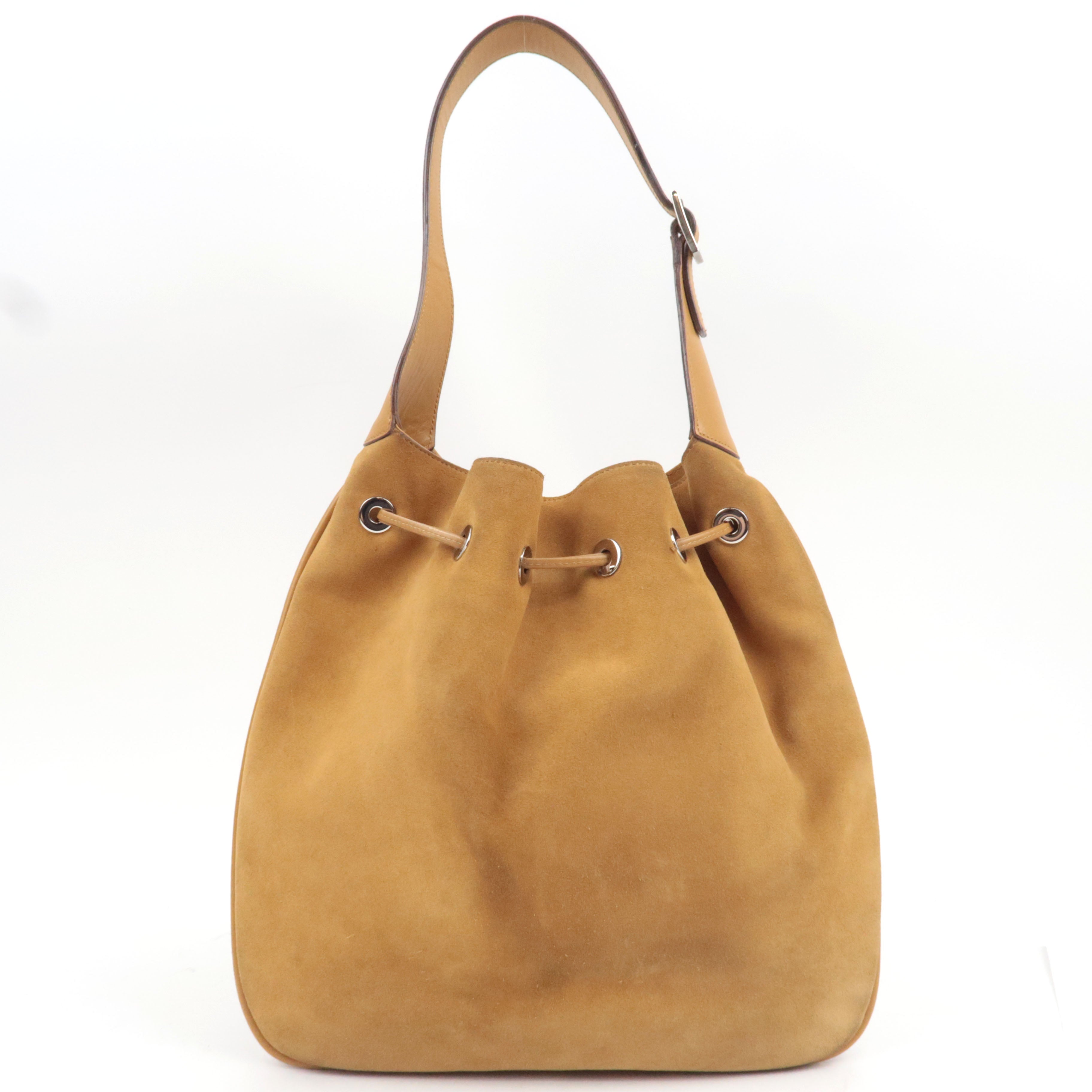 GUCCI Drawstring One Shoulder Bag Suede Leather Light Brown 001.4030 *Dust bag