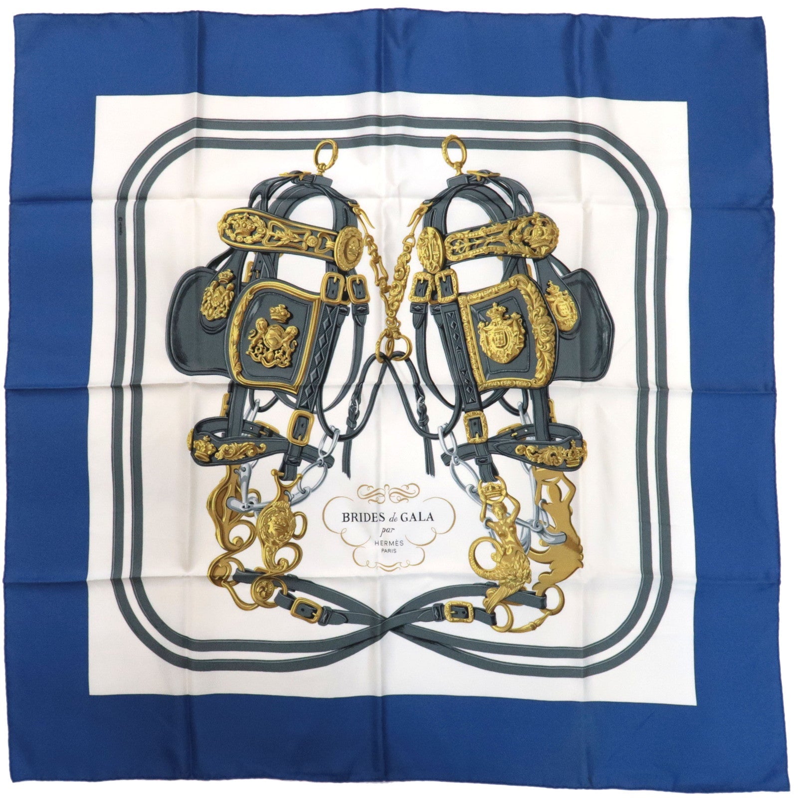HERMES Carre 90 Scarf BRIDES de GALA 100% Silk Blue White81191