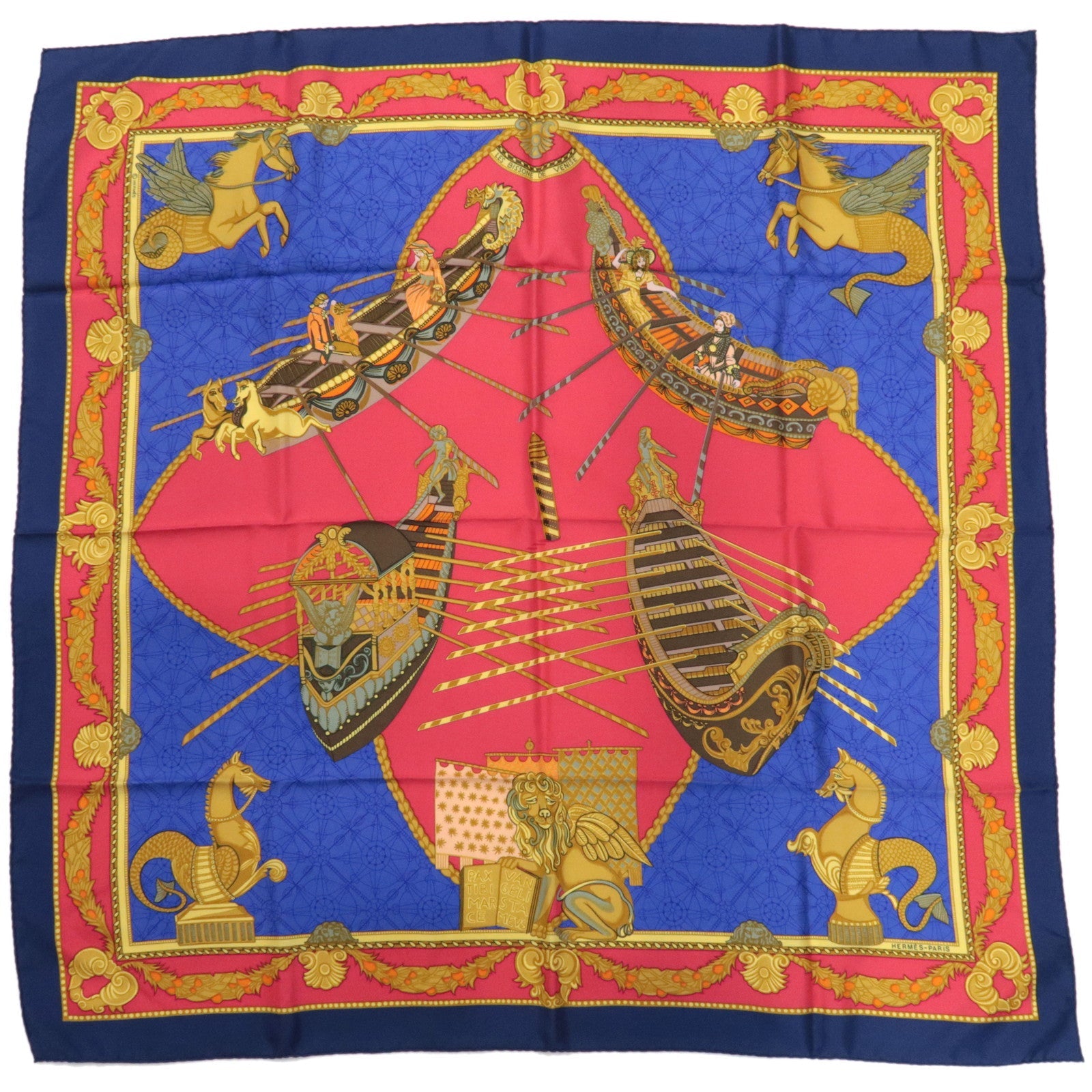 HERMES Carre 90 Scarf Les Bissone De Venise 100% Silk Red Navy81192