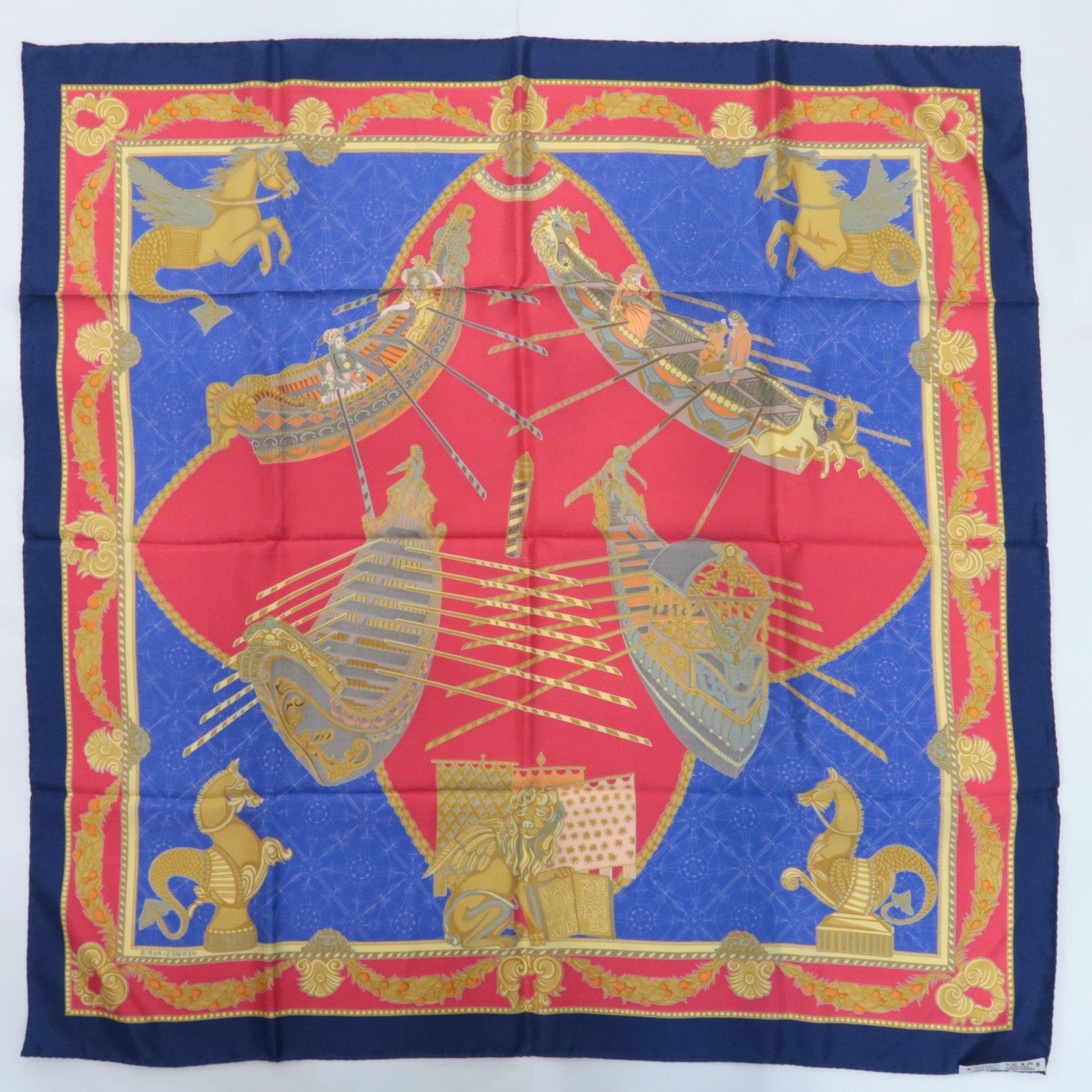 HERMES Carre 90 Scarf Les Bissone De Venise 100% Silk Red Navy