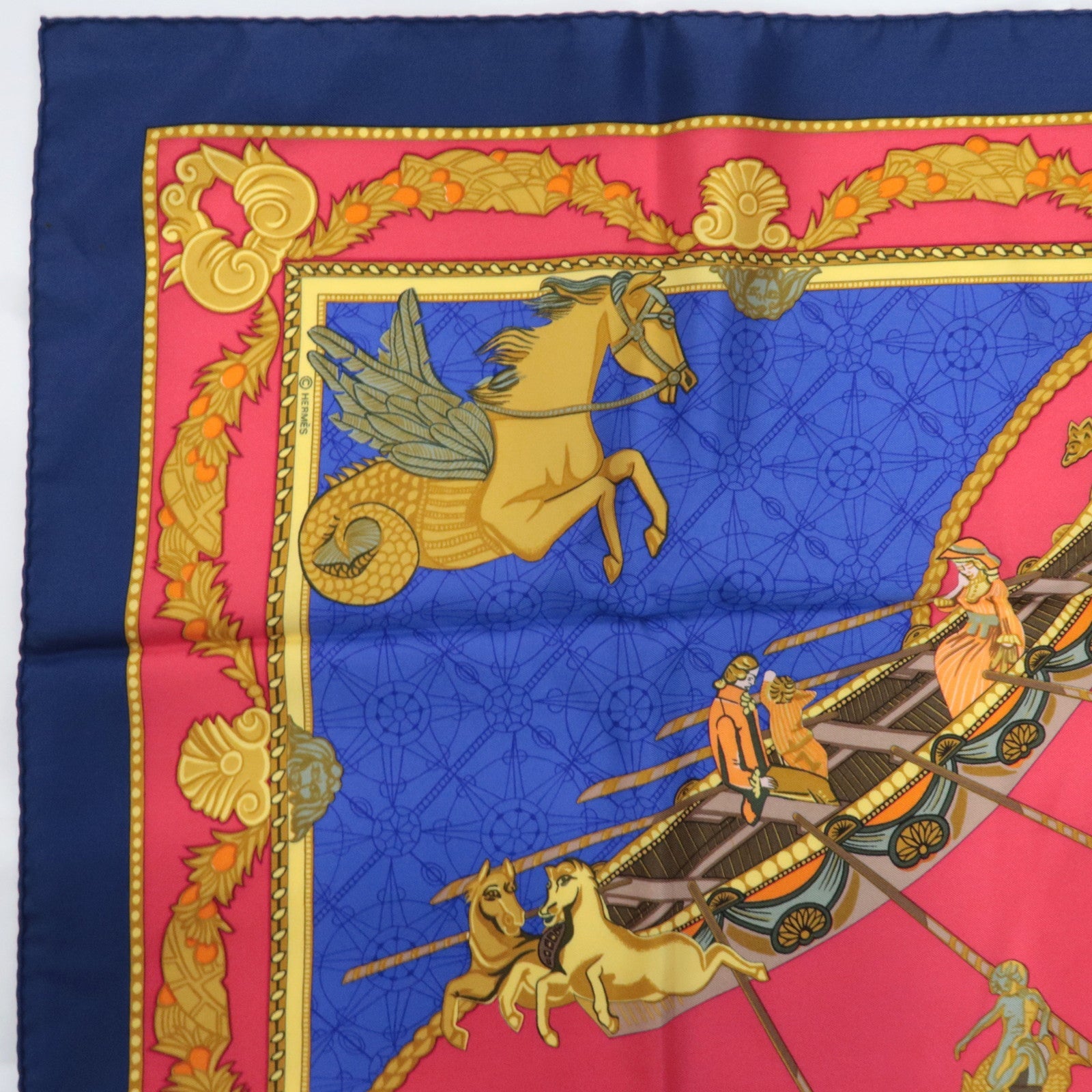 HERMES Carre 90 Scarf Les Bissone De Venise 100% Silk Red Navy