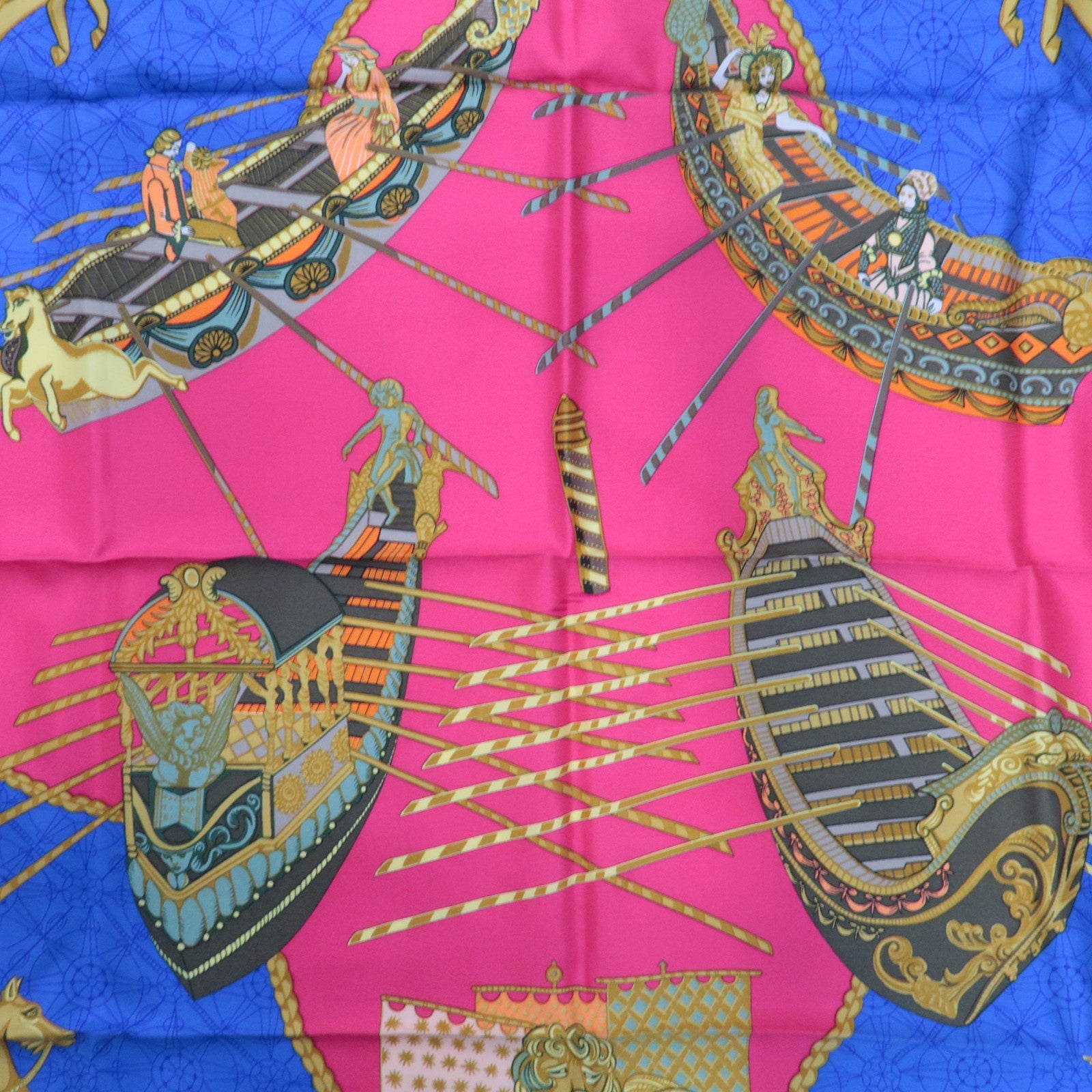 HERMES Carre 90 Scarf Les Bissone De Venise 100% Silk Red Navy