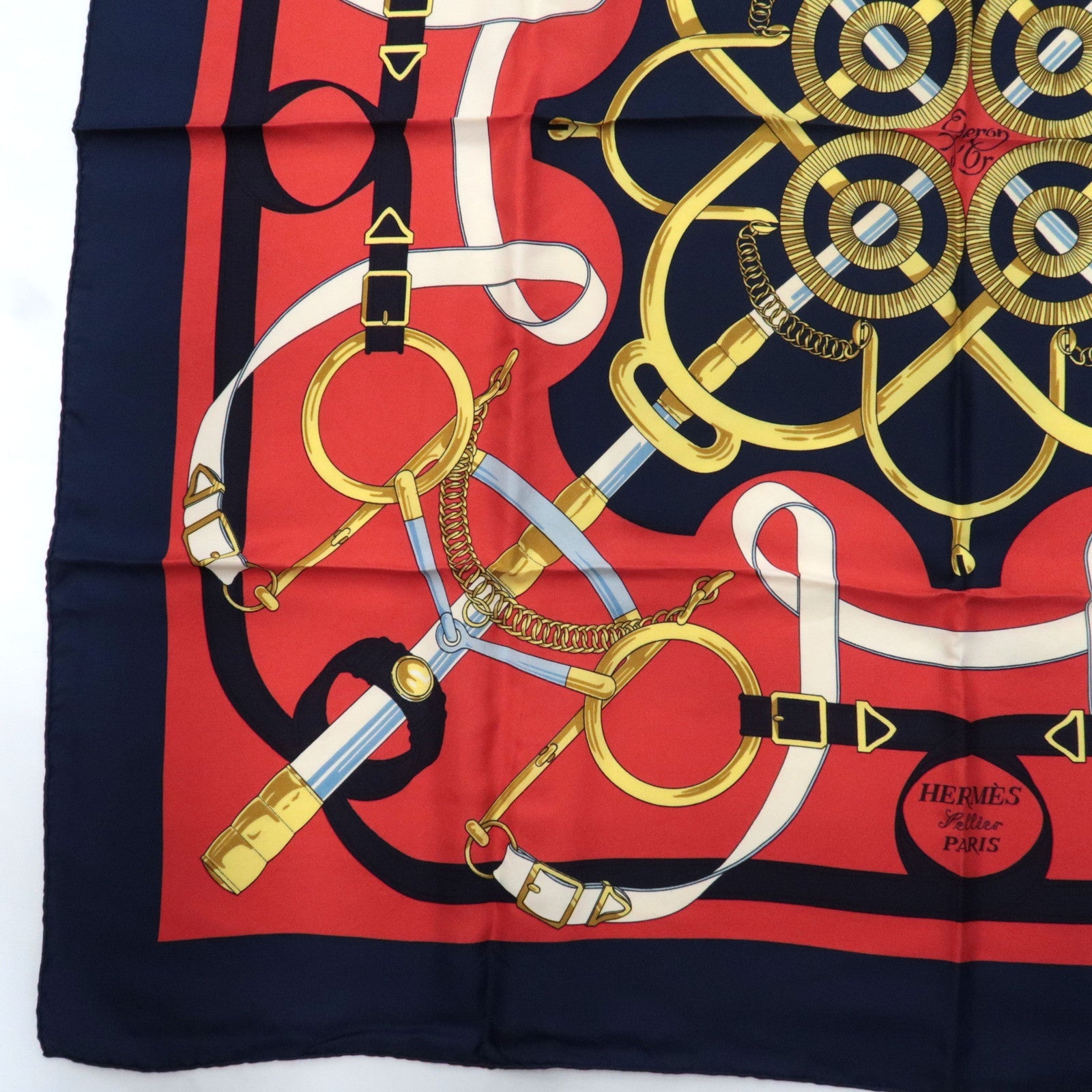 HERMES Carre 90 Scarf Eperon d'or 100% Silk *Red Navy