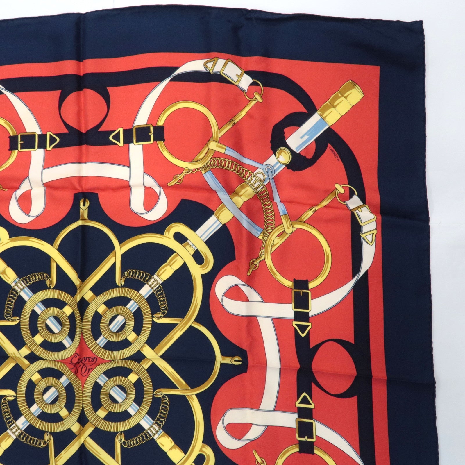 HERMES Carre 90 Scarf Eperon d'or 100% Silk *Red Navy