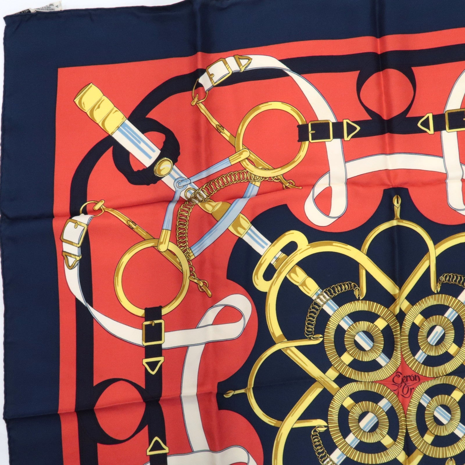 HERMES Carre 90 Scarf Eperon d'or 100% Silk *Red Navy