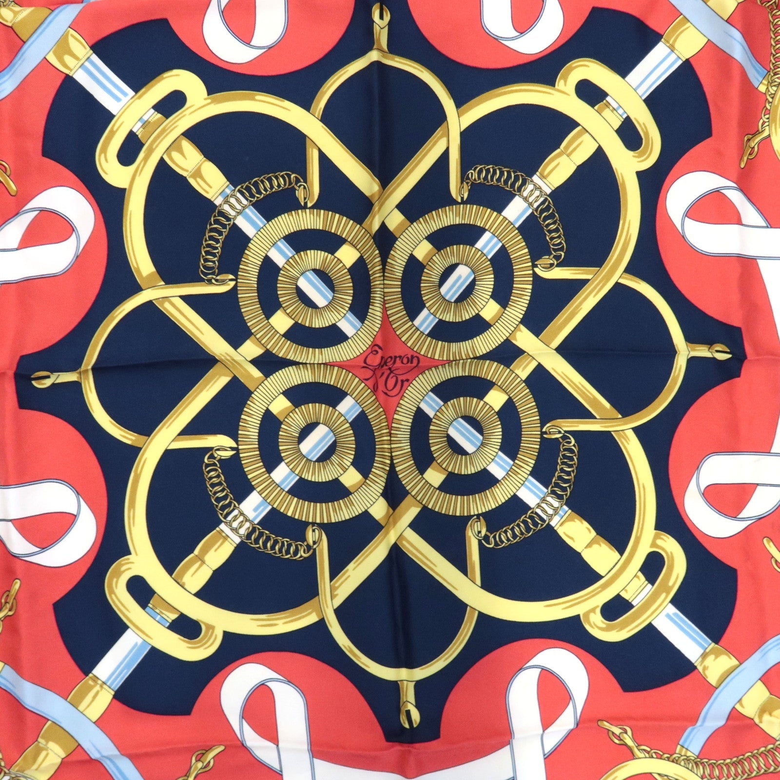HERMES Carre 90 Scarf Eperon d'or 100% Silk *Red Navy