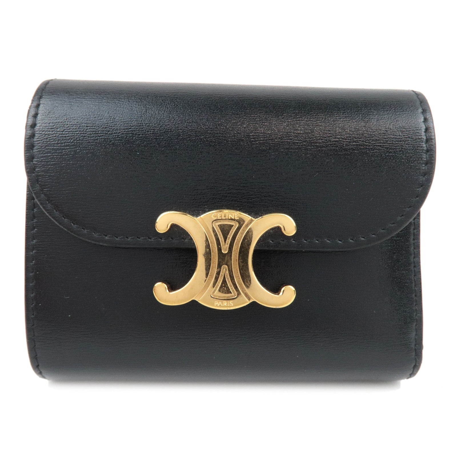 CELINE Triomphe Tri-Fold Wallet Leather Black Gold HDW *Box81209