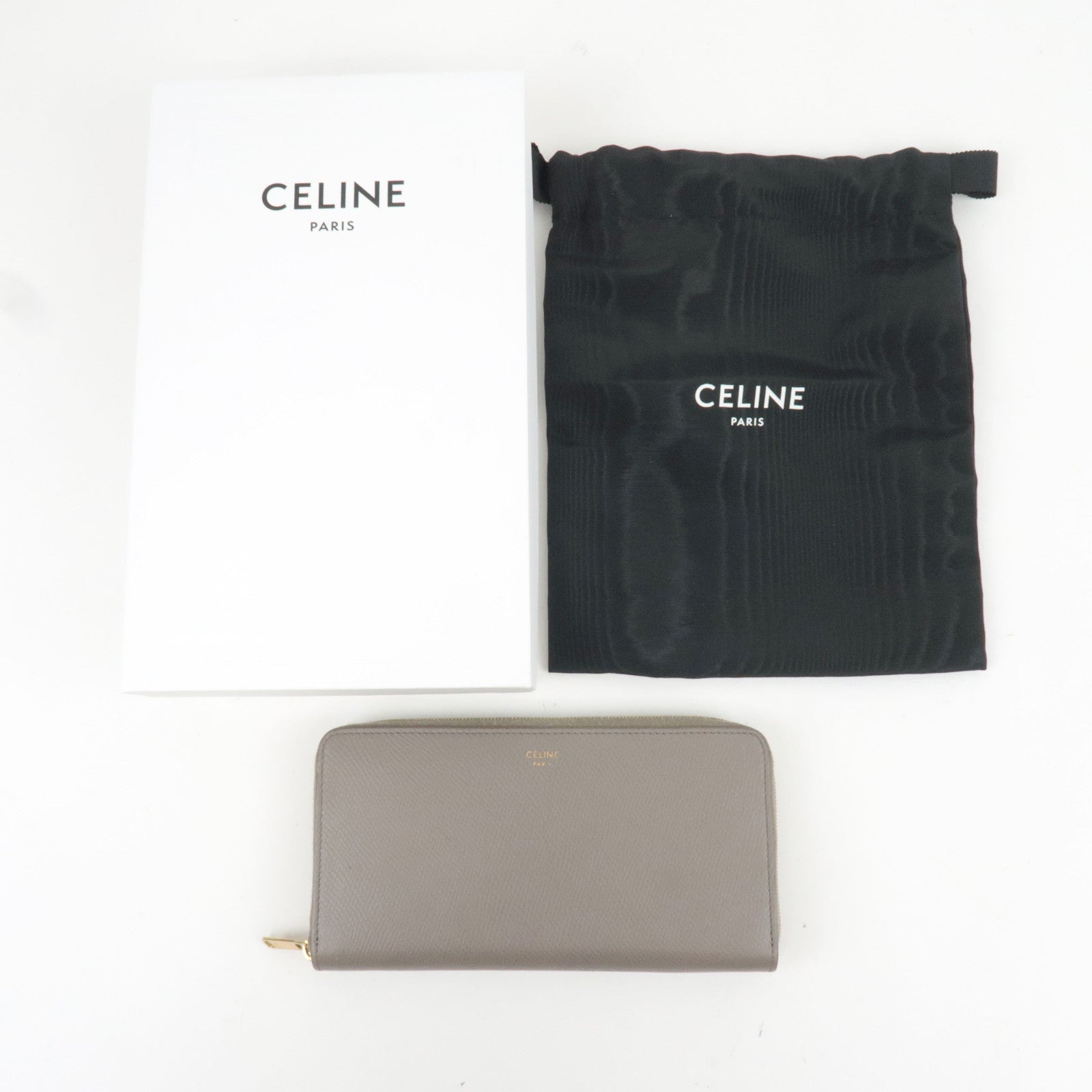 CELINE Round Zipper Long Wallet Leather Greige *Box, Dust bag