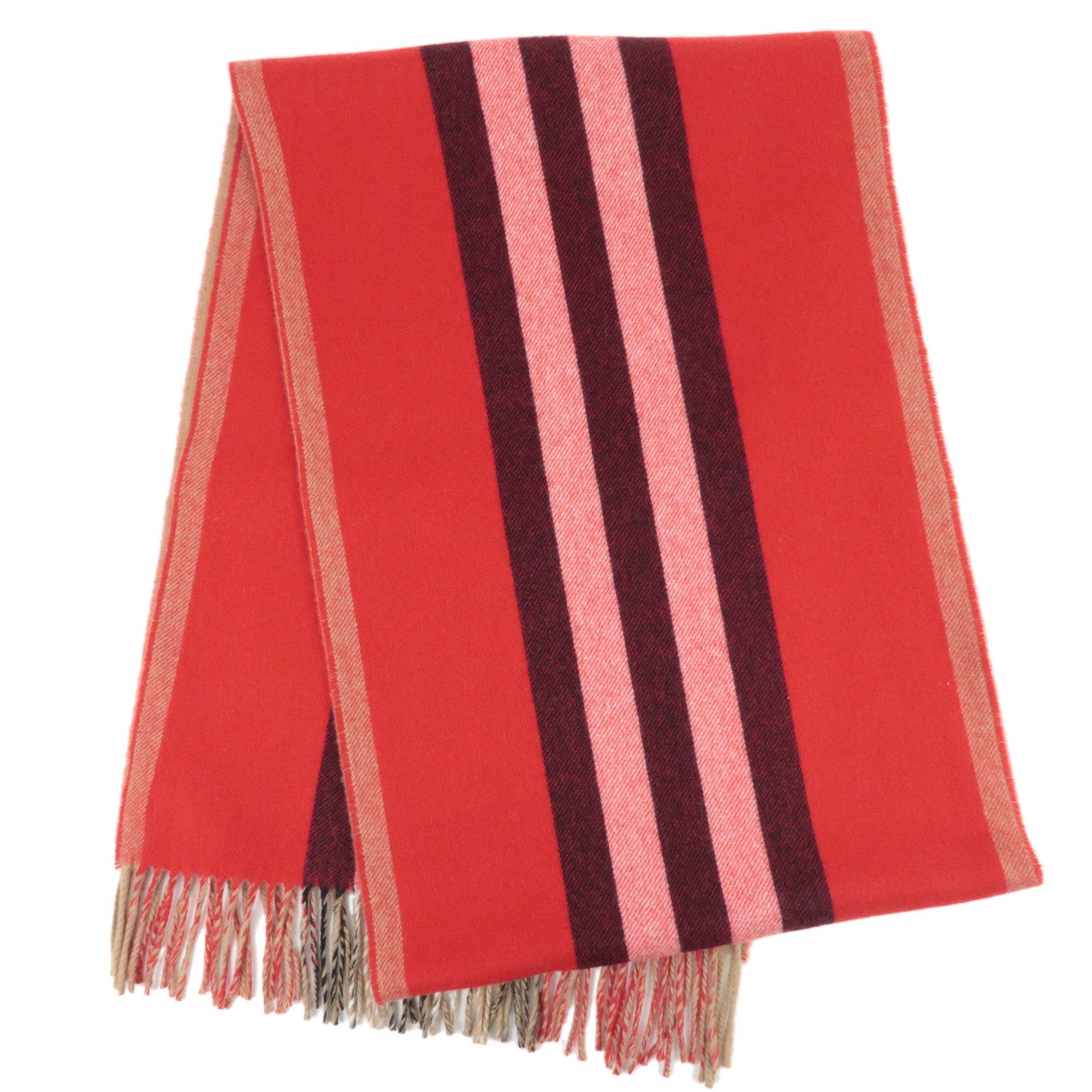 BURBERRY Stripe Reversible Scarf 100% Cashmere Red Beige81234