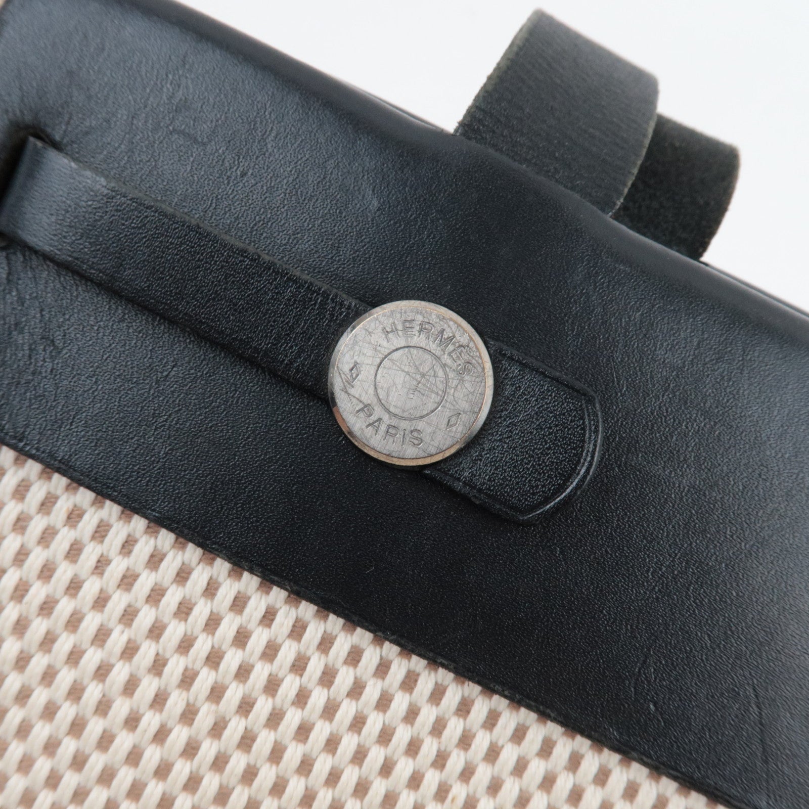 HERMES Her Bag Cabas PM □H Stamp (2004) Canvas Leather Beige Black *Spare bag