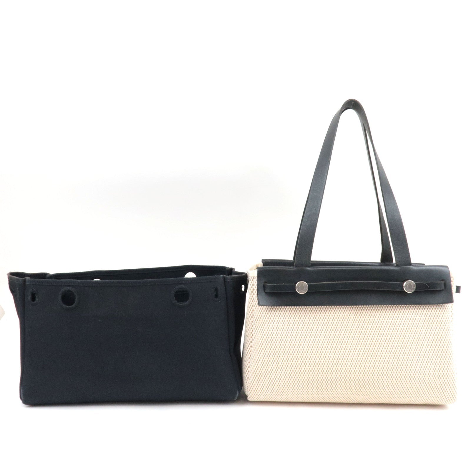 HERMES Her Bag Cabas PM □H Stamp (2004) Canvas Leather Beige Black *Spare bag