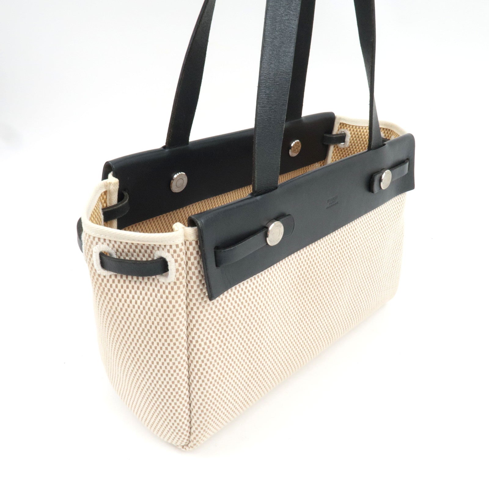 HERMES Her Bag Cabas PM □H Stamp (2004) Canvas Leather Beige Black *Spare bag