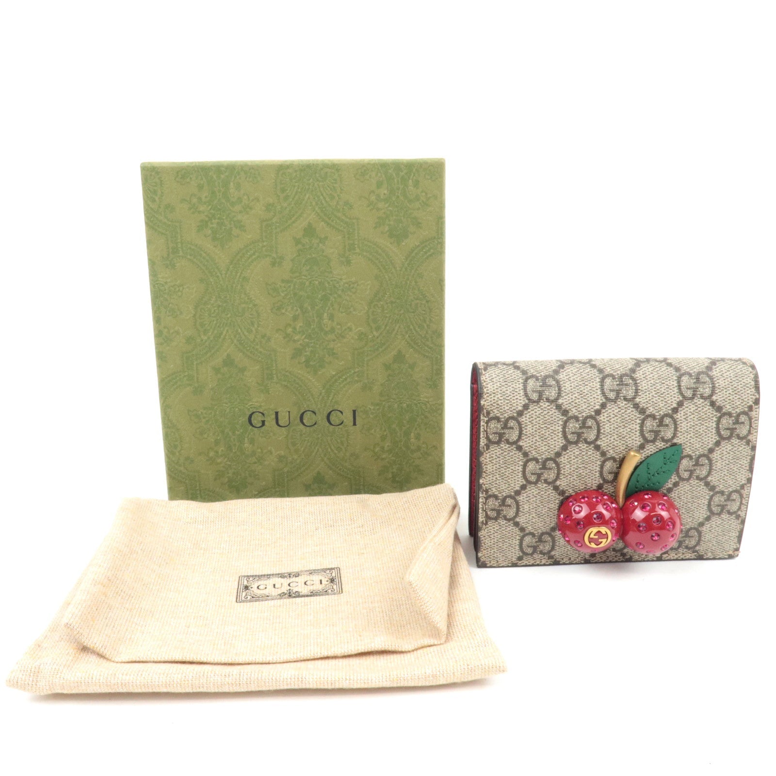 GUCCI GG Supreme Cherry Bifold Wallet Beige Red 476050 *Box, Dust bag