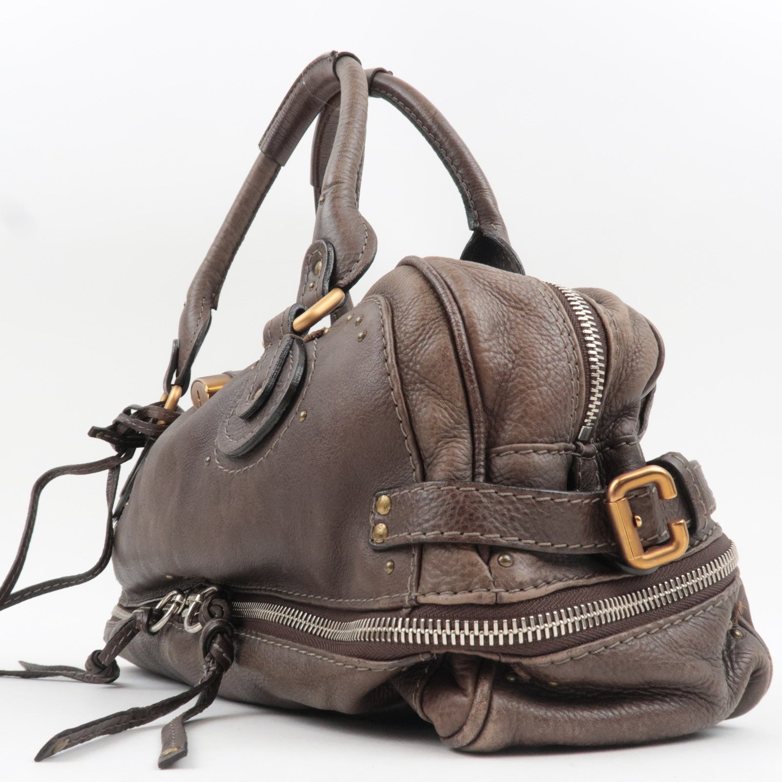 Chloe Paddington Large Double Zipper Bowling Handbag Leather Brown *Key Lock