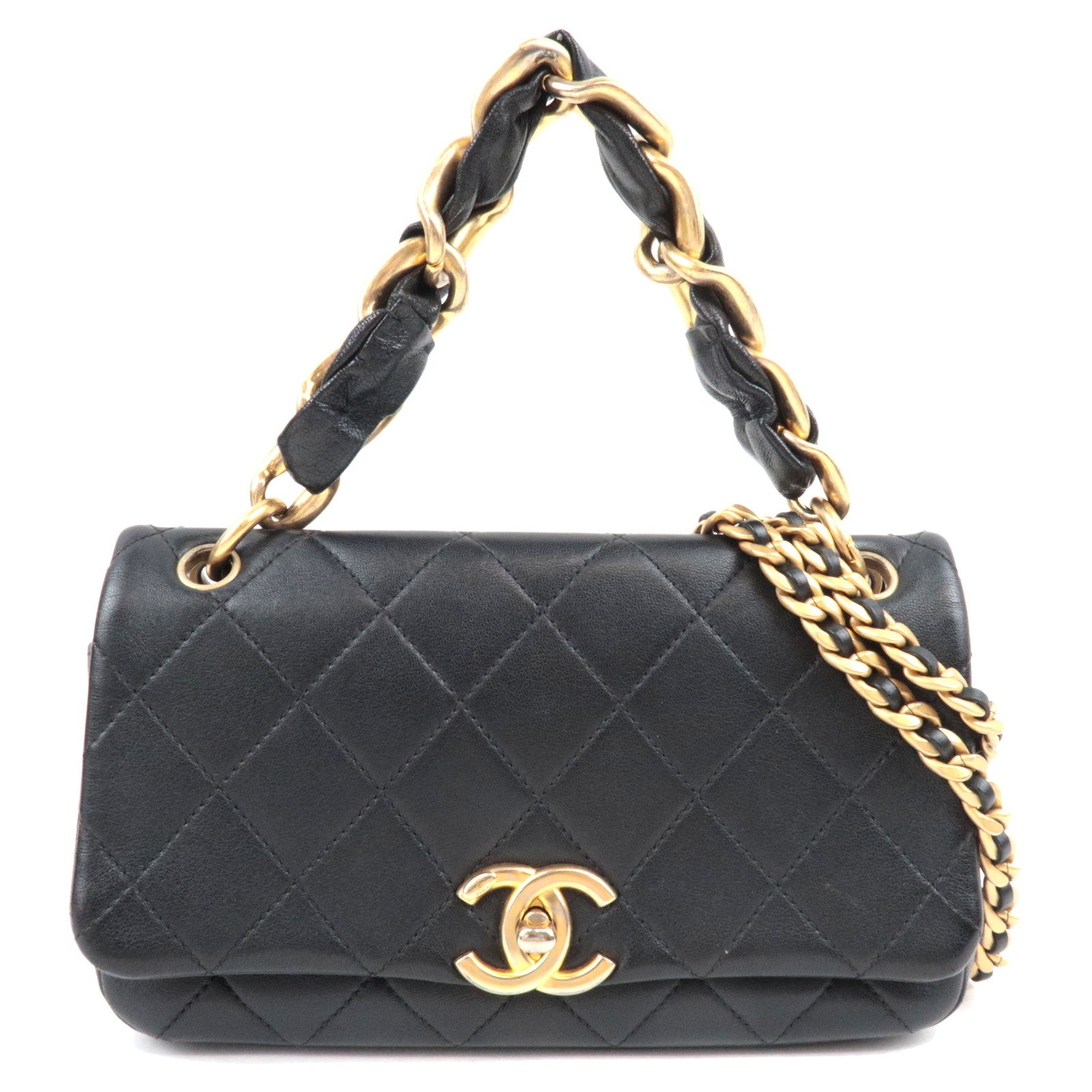 CHANEL Matelasse 2Way Chain Shoulder Bag Lambskin Black Gold HDW 30993840 *G card81462