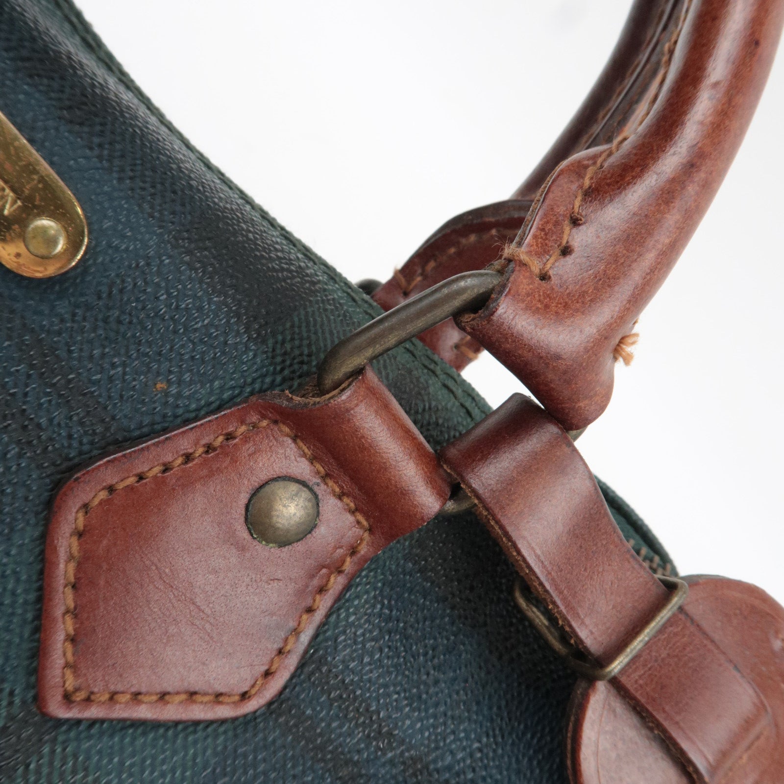 Polo Ralph Lauren Plaid Boston Bag PVC Leather Navy Green *Name tag, Brush