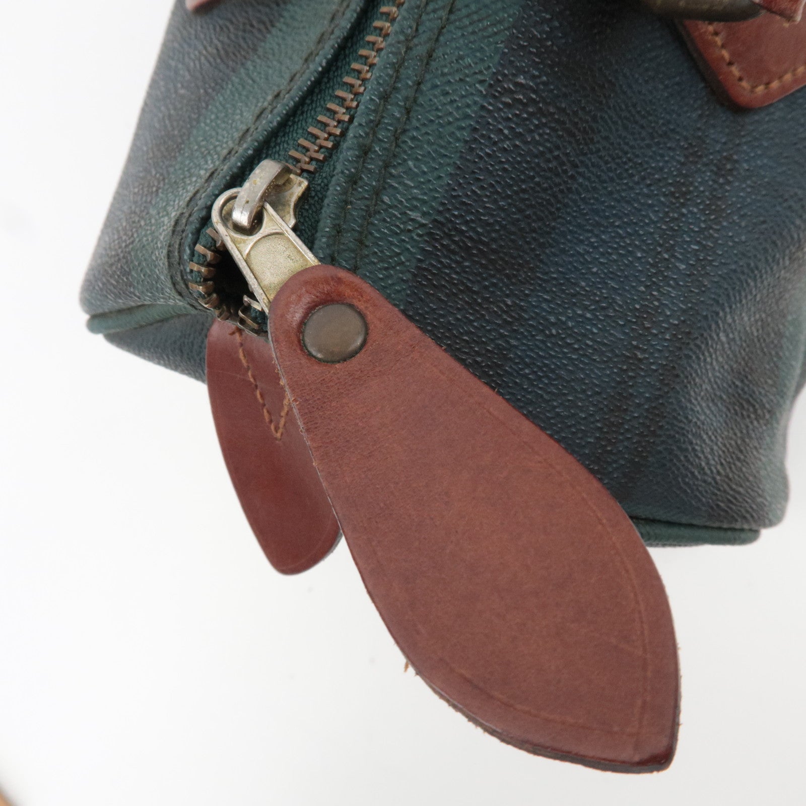 Polo Ralph Lauren Plaid Boston Bag PVC Leather Navy Green *Name tag, Brush