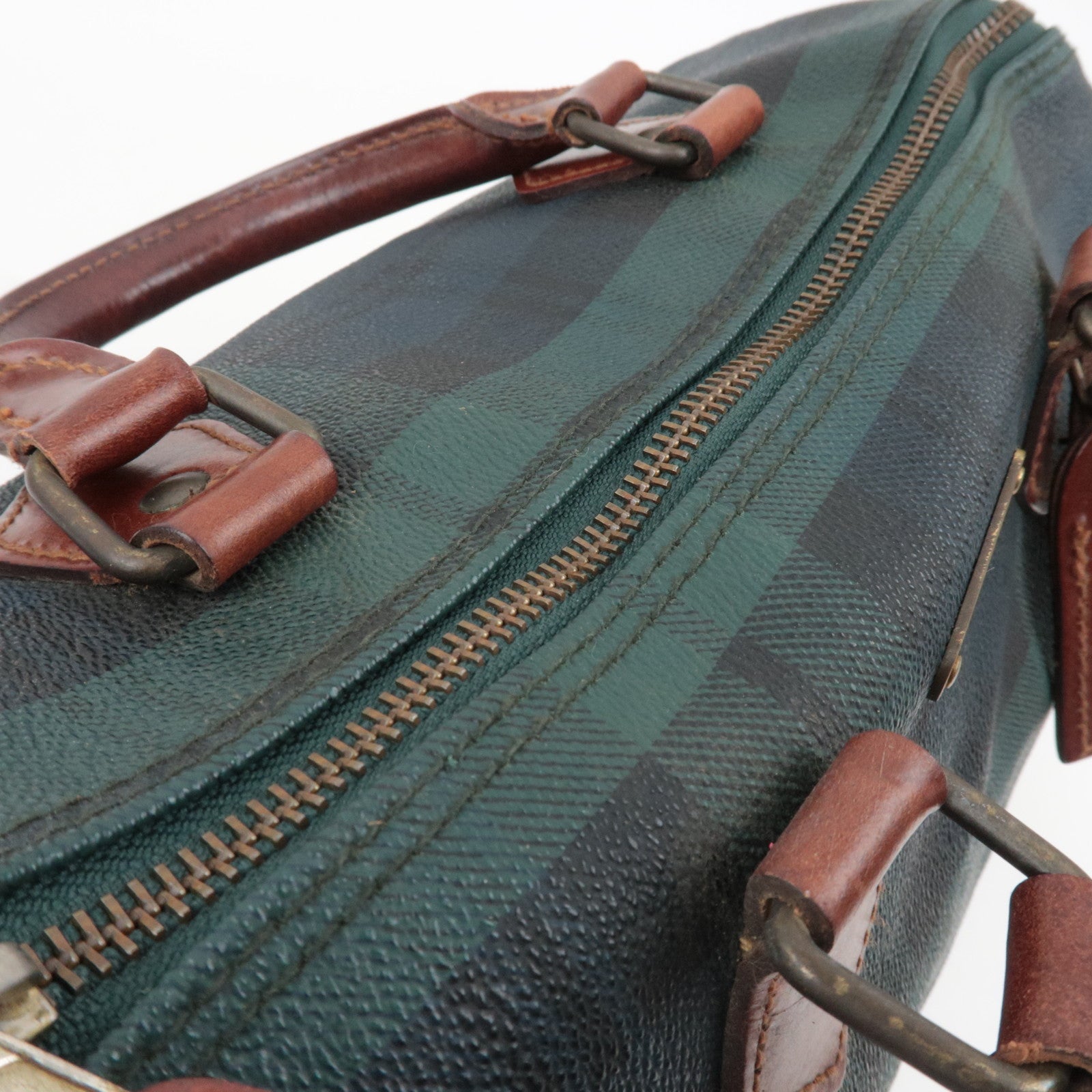 Polo Ralph Lauren Plaid Boston Bag PVC Leather Navy Green *Name tag, Brush