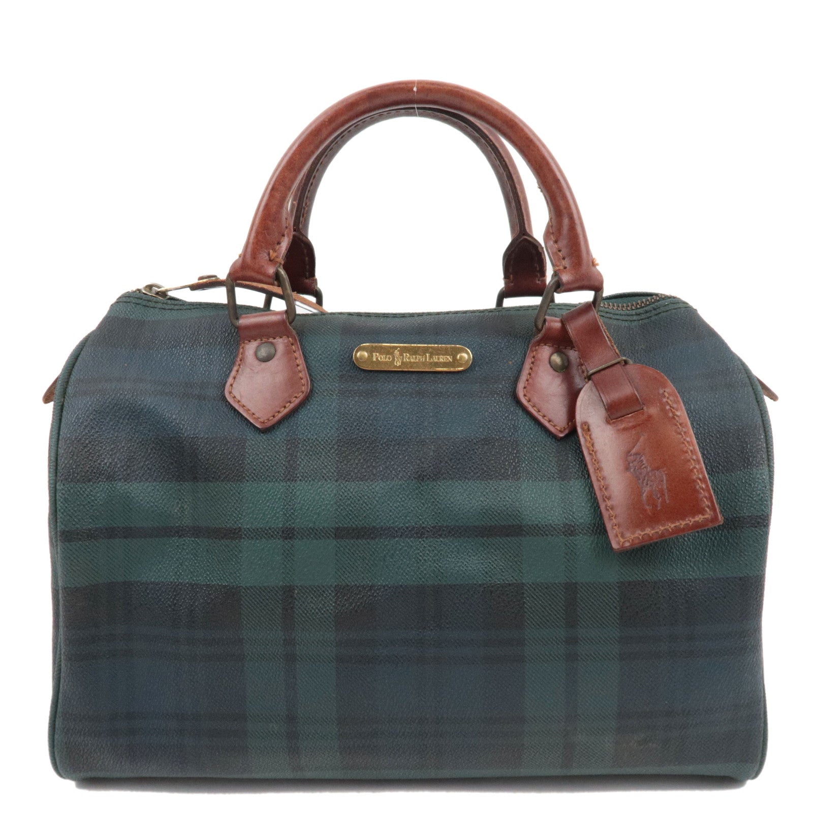 Polo Ralph Lauren Plaid Boston Bag PVC Leather Navy Green *Name tag, Brush81470
