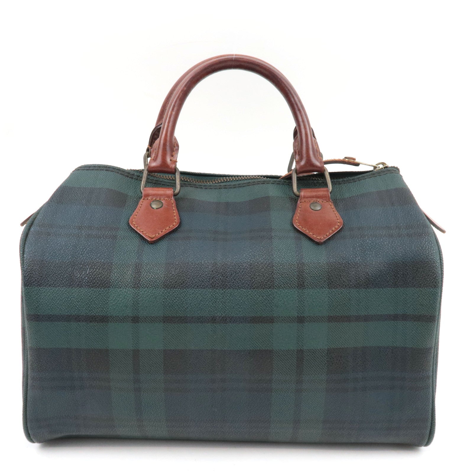 Polo Ralph Lauren Plaid Boston Bag PVC Leather Navy Green *Name tag, Brush