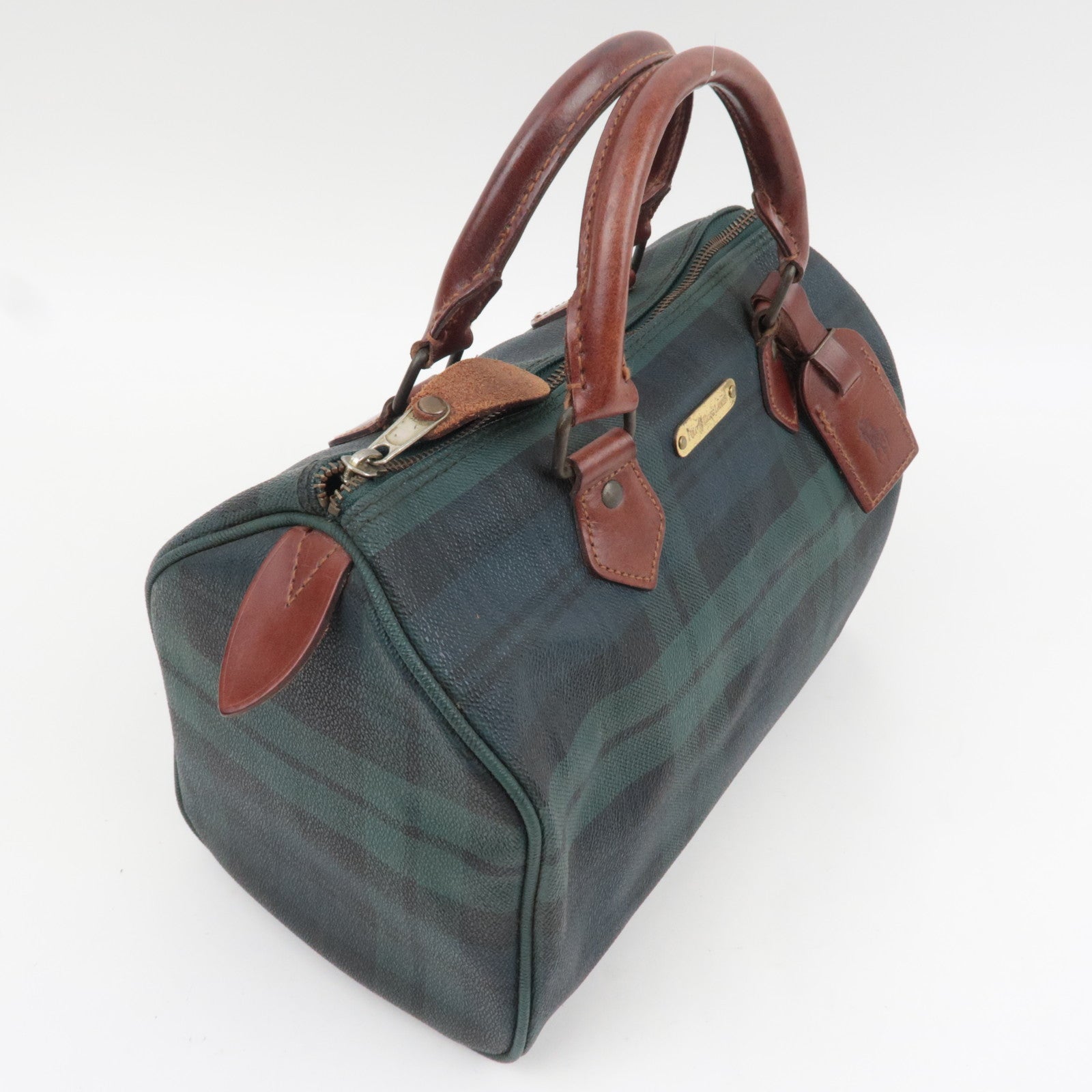 Polo Ralph Lauren Plaid Boston Bag PVC Leather Navy Green *Name tag, Brush