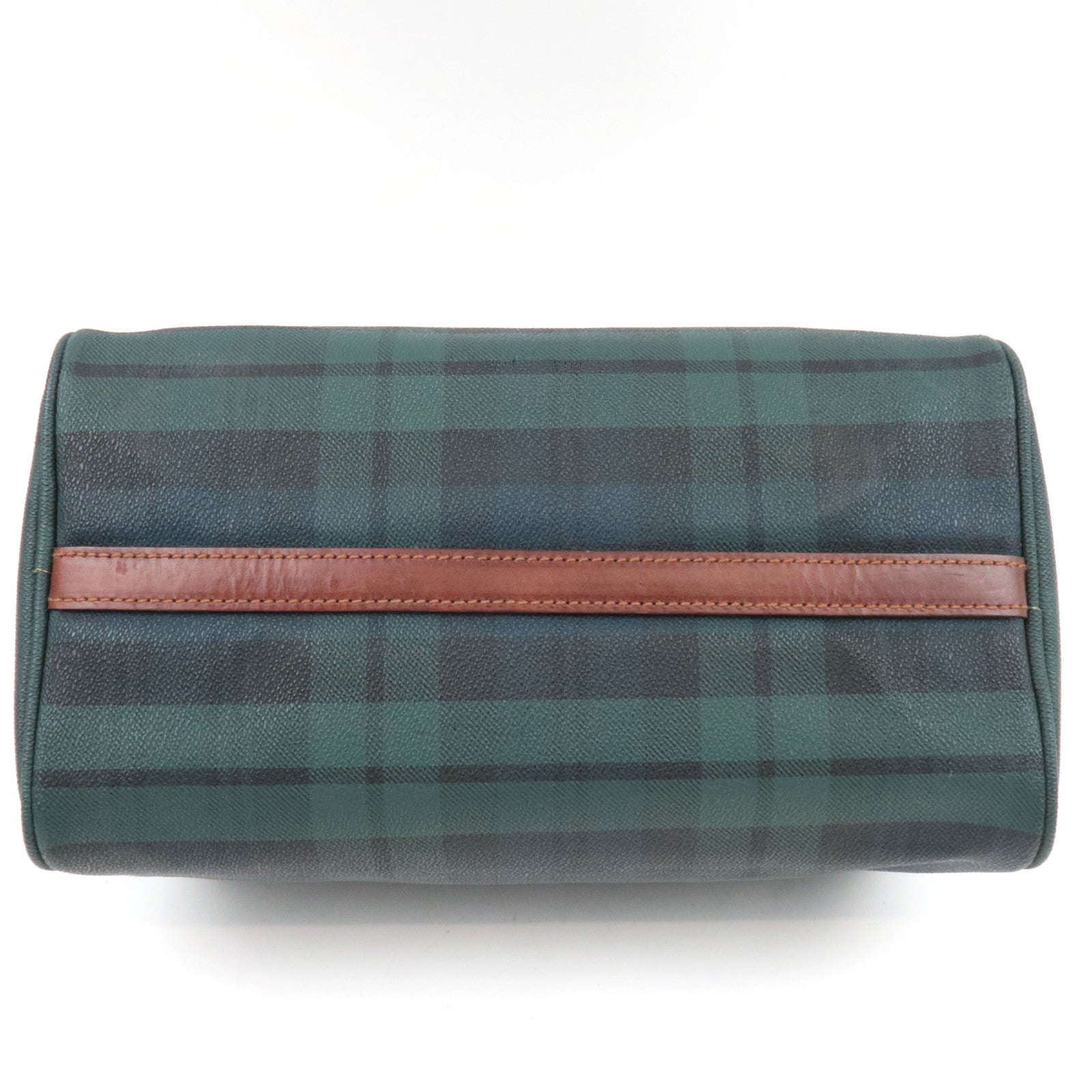 Polo Ralph Lauren Plaid Boston Bag PVC Leather Navy Green *Name tag, Brush