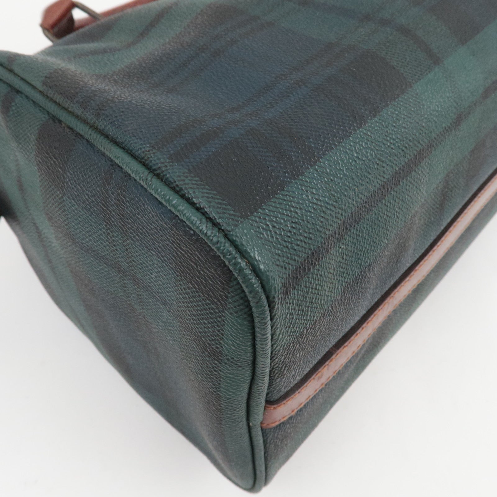 Polo Ralph Lauren Plaid Boston Bag PVC Leather Navy Green *Name tag, Brush