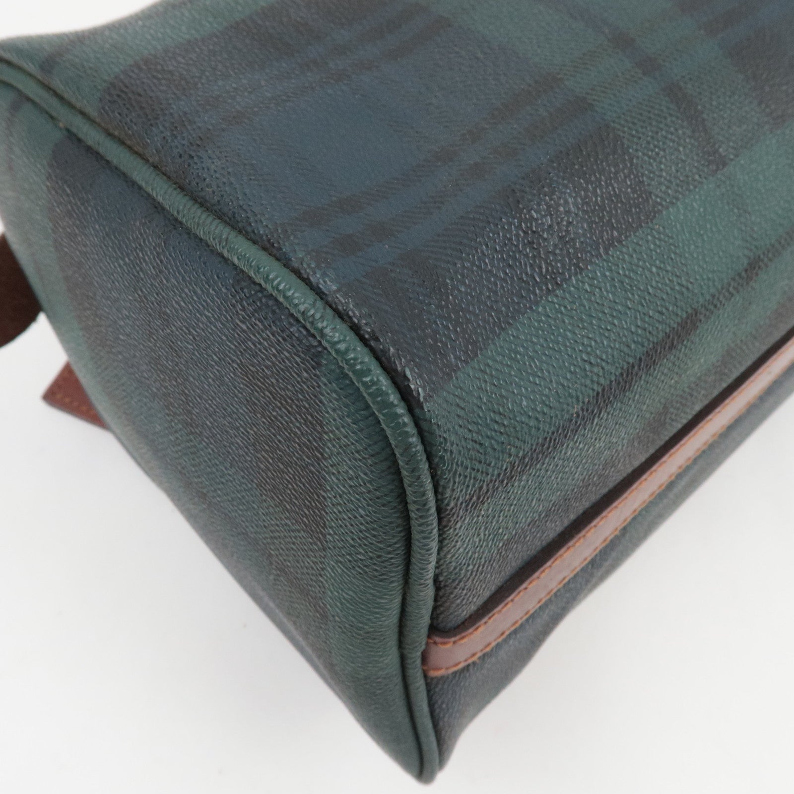 Polo Ralph Lauren Plaid Boston Bag PVC Leather Navy Green *Name tag, Brush